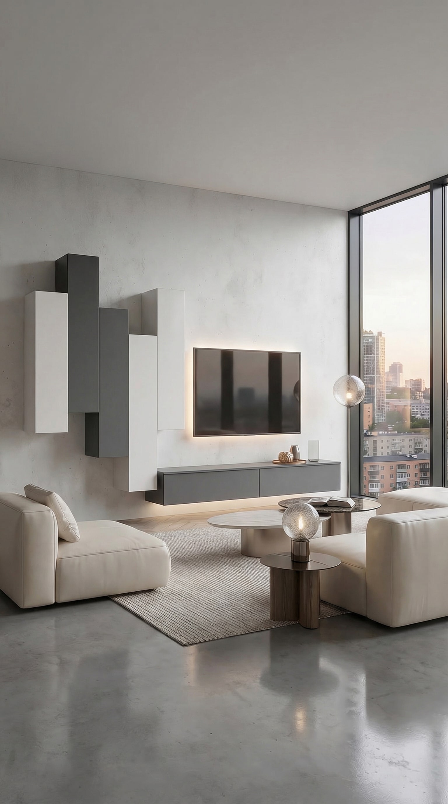 Asymmetrisch angeordnete Livitalia Wohnwand C105 mit dynamischer Geometrie an einer modernen Wand Asymmetrisch angeordnete Livitalia Wohnwand C105 mit dynamischer Geometrie an einer modernen Wand