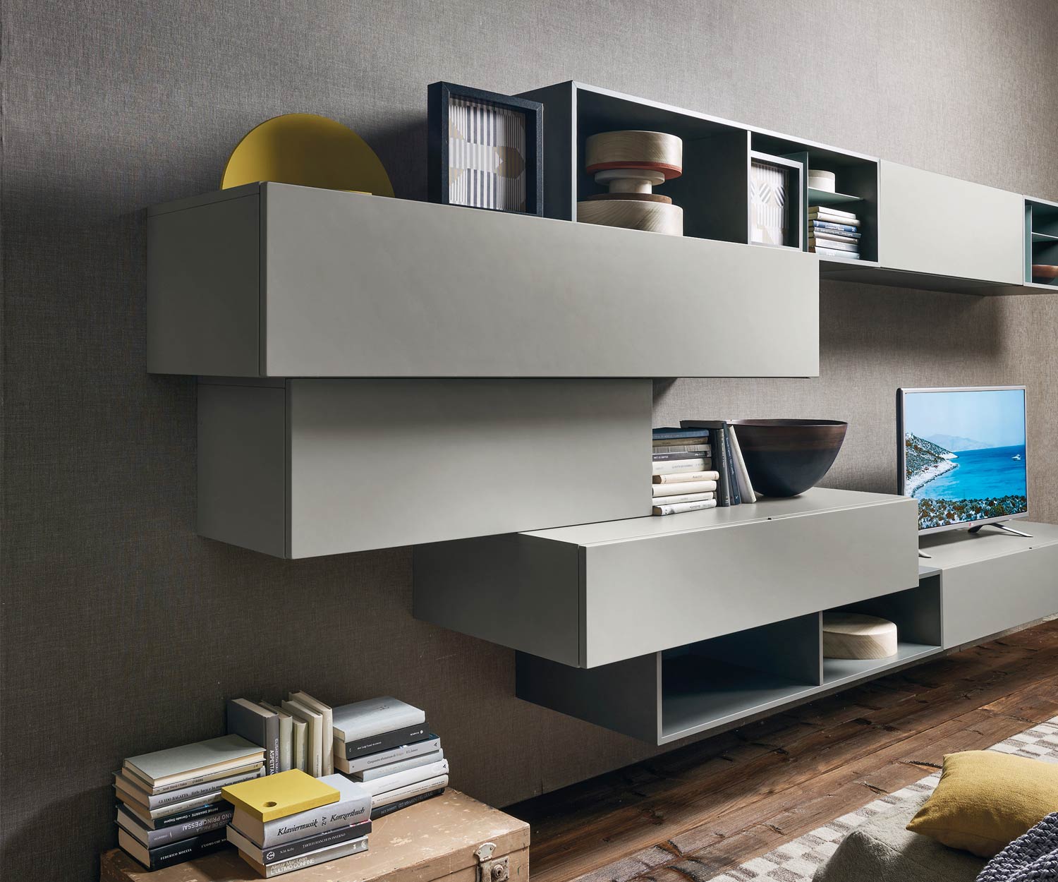 Flottant Livitalia Meuble-paroi design C02 avec armoires suspendues en gris Flottant Livitalia Meuble-paroi design C02 avec armoires suspendues en gris