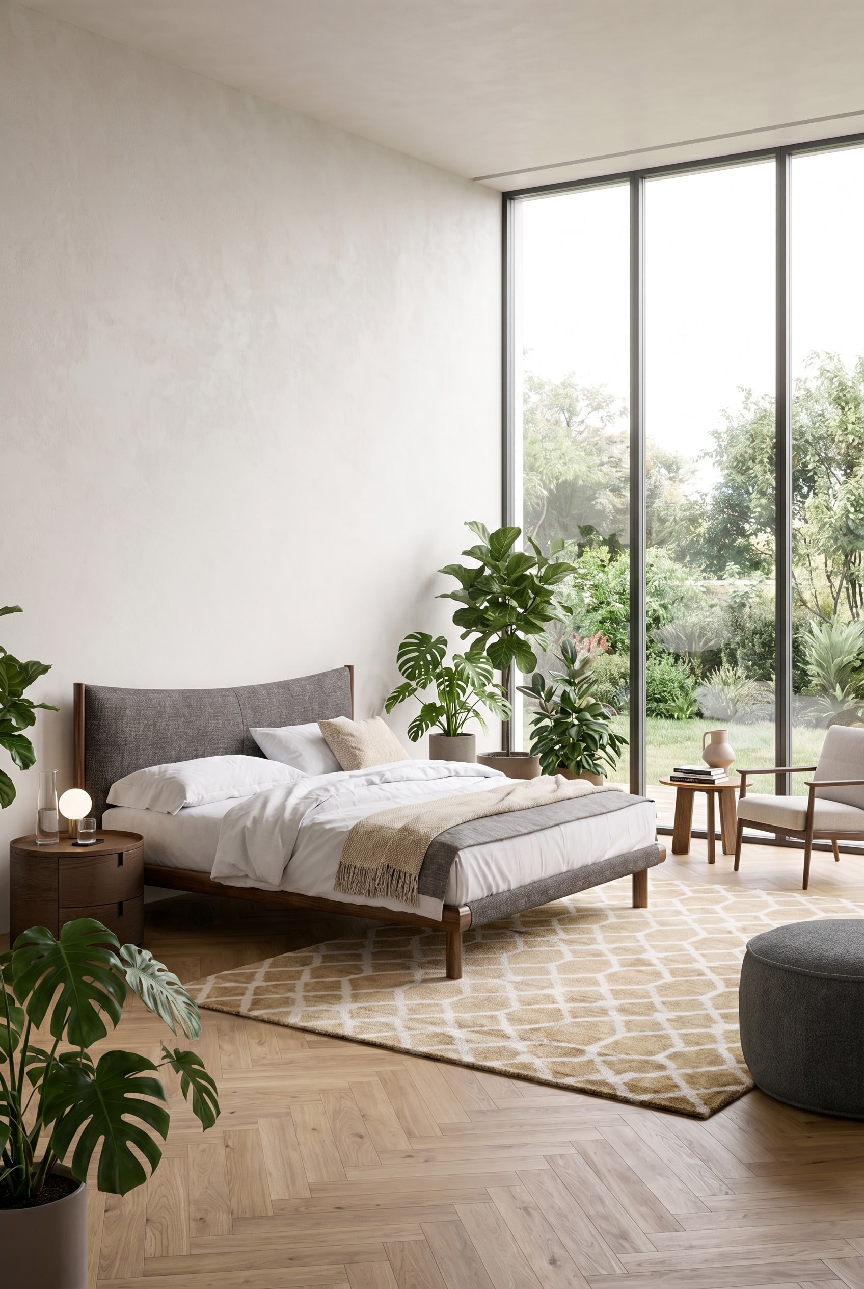 Chambre moderne dans un immeuble ancien avec lit en ch&ecirc;ne, t&ecirc;te de lit rembourr&eacute;e gris fonc&eacute; et tables de chevet rondes