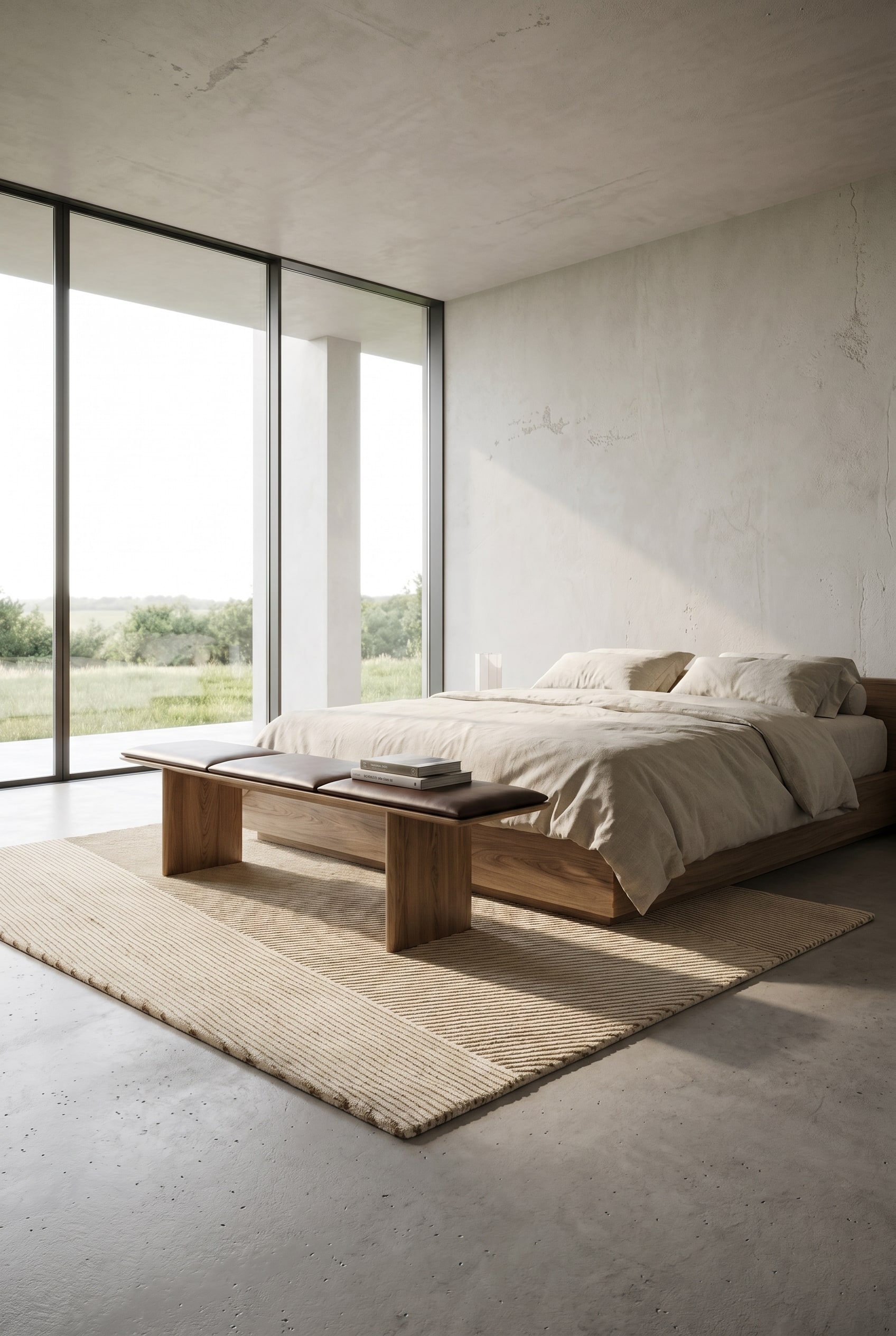 Banc architectural en bois et cuir devant un grand lit dans une chambre luxueuse et moderne