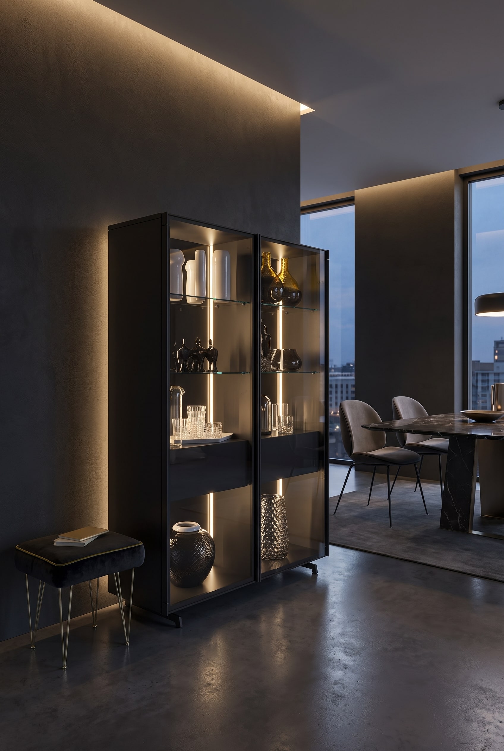 Salle &agrave; manger moderne sombre avec une &eacute;l&eacute;gante vitrine en verre, des compartiments &eacute;clair&eacute;s, des verres et un tabouret rembourr&eacute;