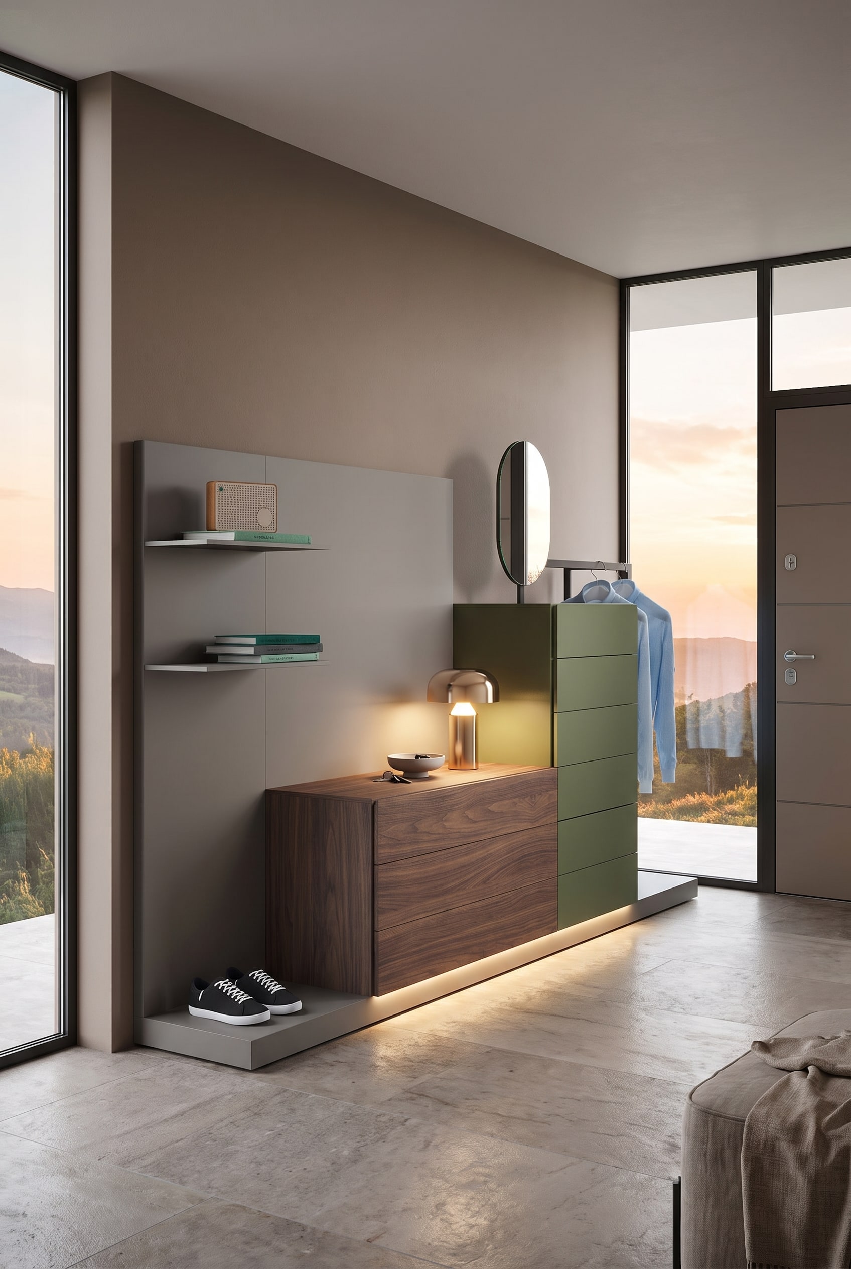 Un couloir élégamment aménagé avec une commode suspendue, un panneau mural de penderie en bois et des murs dans la couleur tendance Macchiato