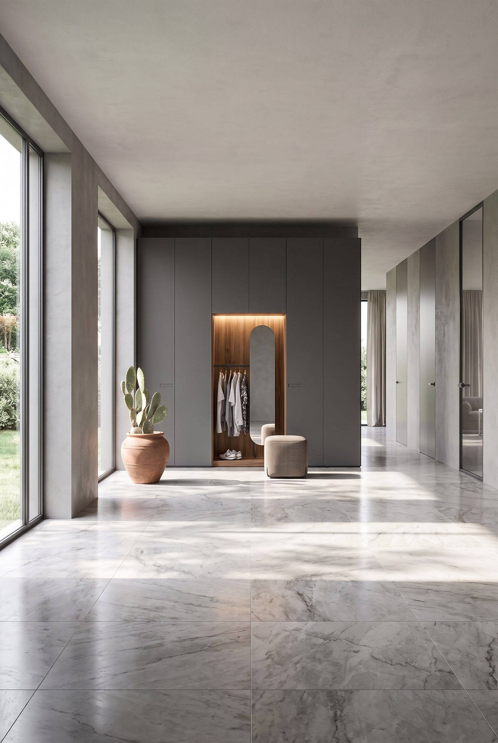 Armoire d'entrée toute hauteur en anthracite avec une niche de vestiaire ouverte, revêtue de bois, un miroir et un tabouret rembourré intégré