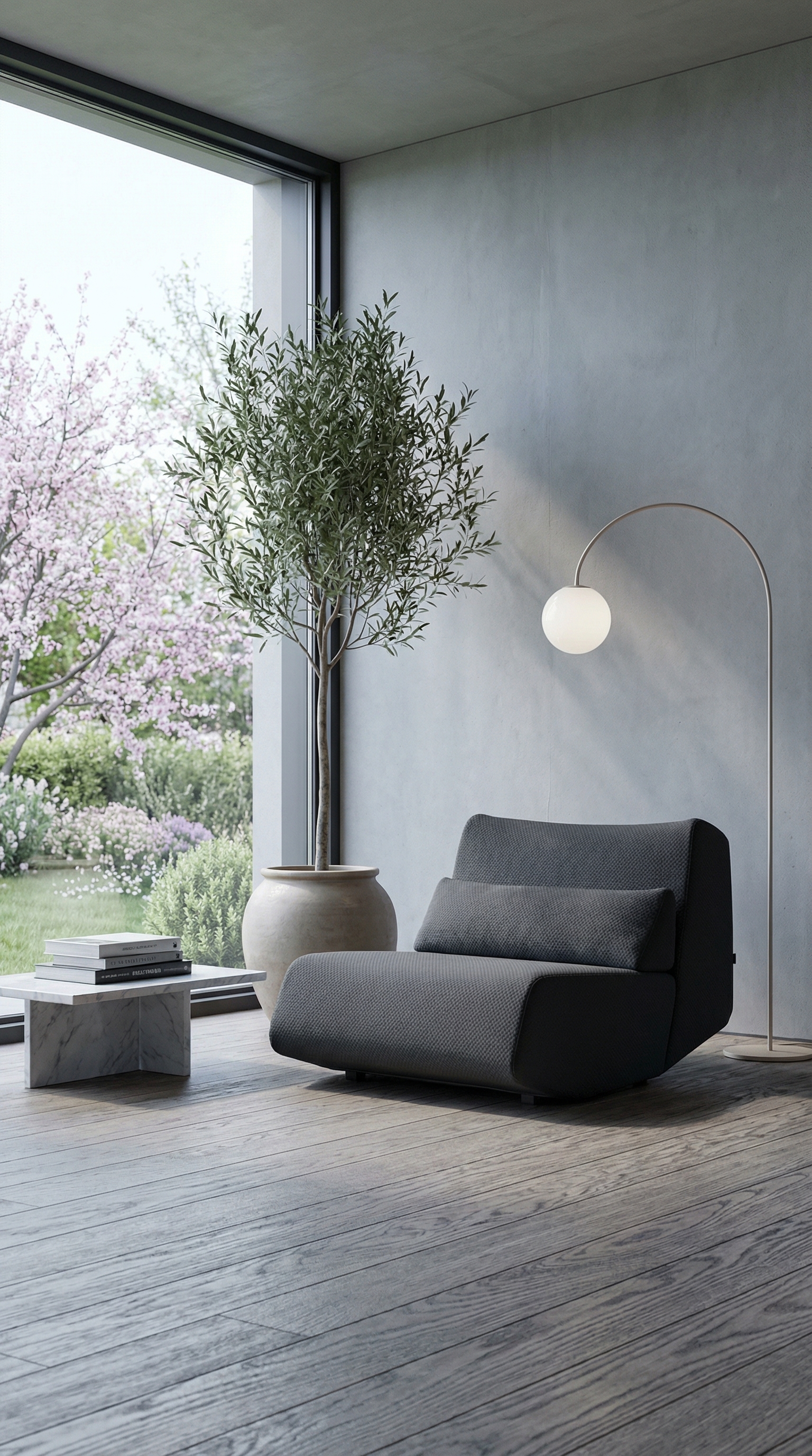 Fauteuil Prostoria Absent en gris foncé, autoportant dans un salon moderne Fauteuil Prostoria Absent en gris foncé, autoportant dans un salon moderne