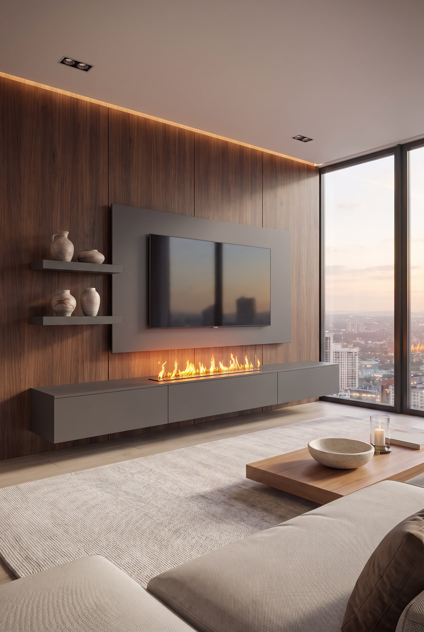 Meuble TV moderne avec cheminée intégrée et panneau en bois pleine surface en noyer foncé, dissimulant astucieusement la technologie et les câbles.