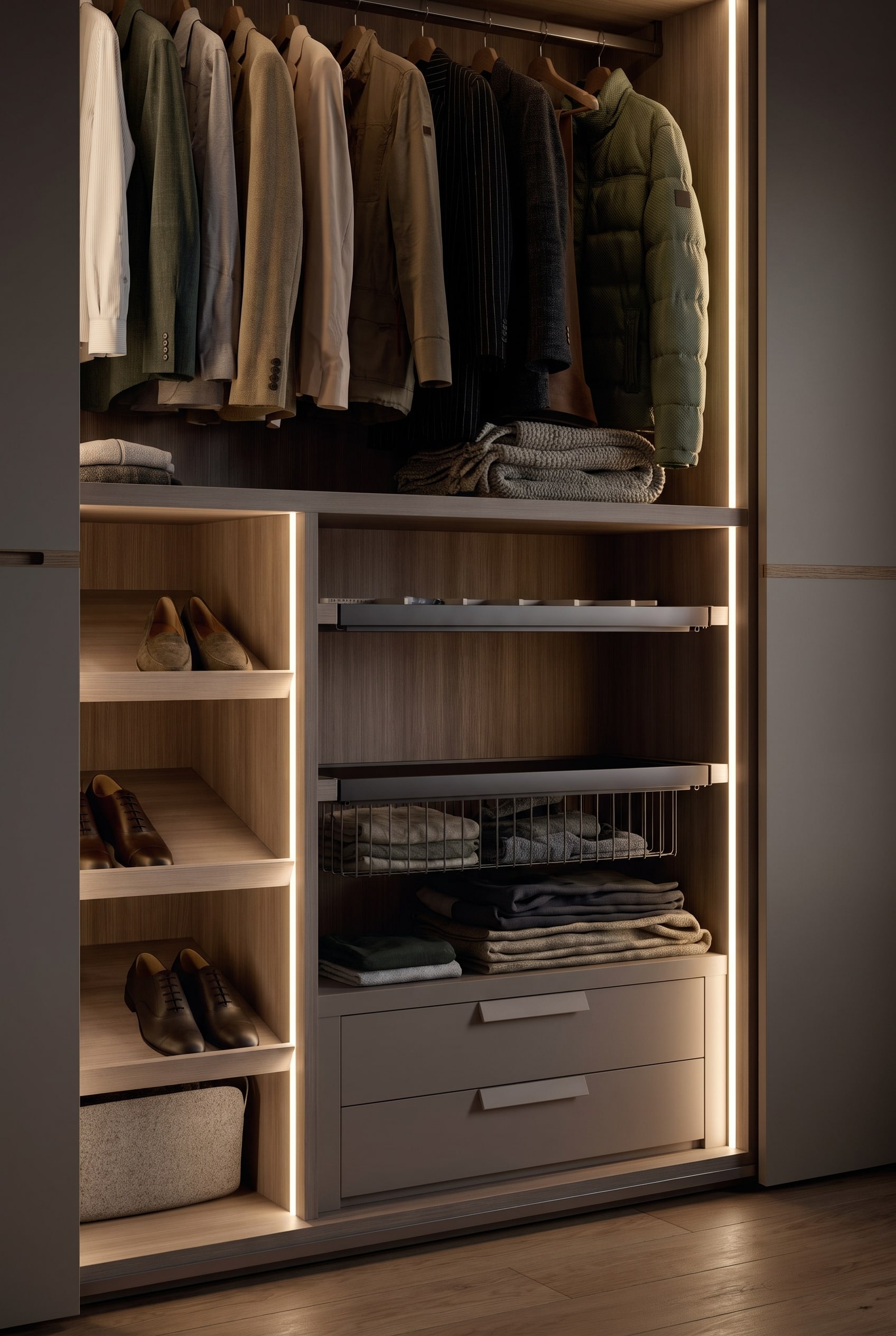 Int&eacute;rieur d'armoire moderne avec cloison verticale en bois fonc&eacute; et bande lumineuse LED continue sous la lumi&egrave;re d'automne