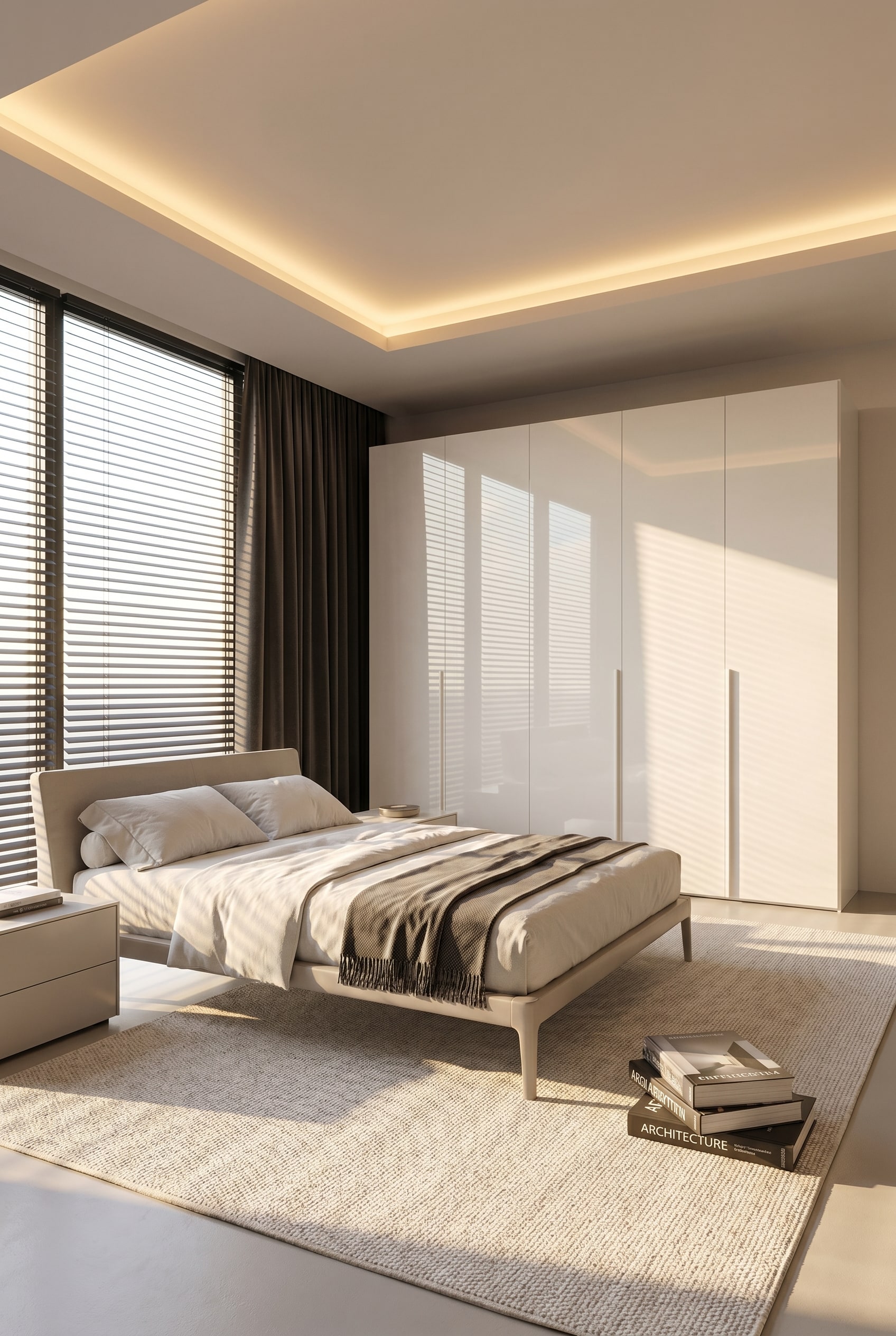 Chambre lumineuse avec une armoire claire &agrave; portes battantes en verre transparent, soleil du matin et un tapis en laine noble