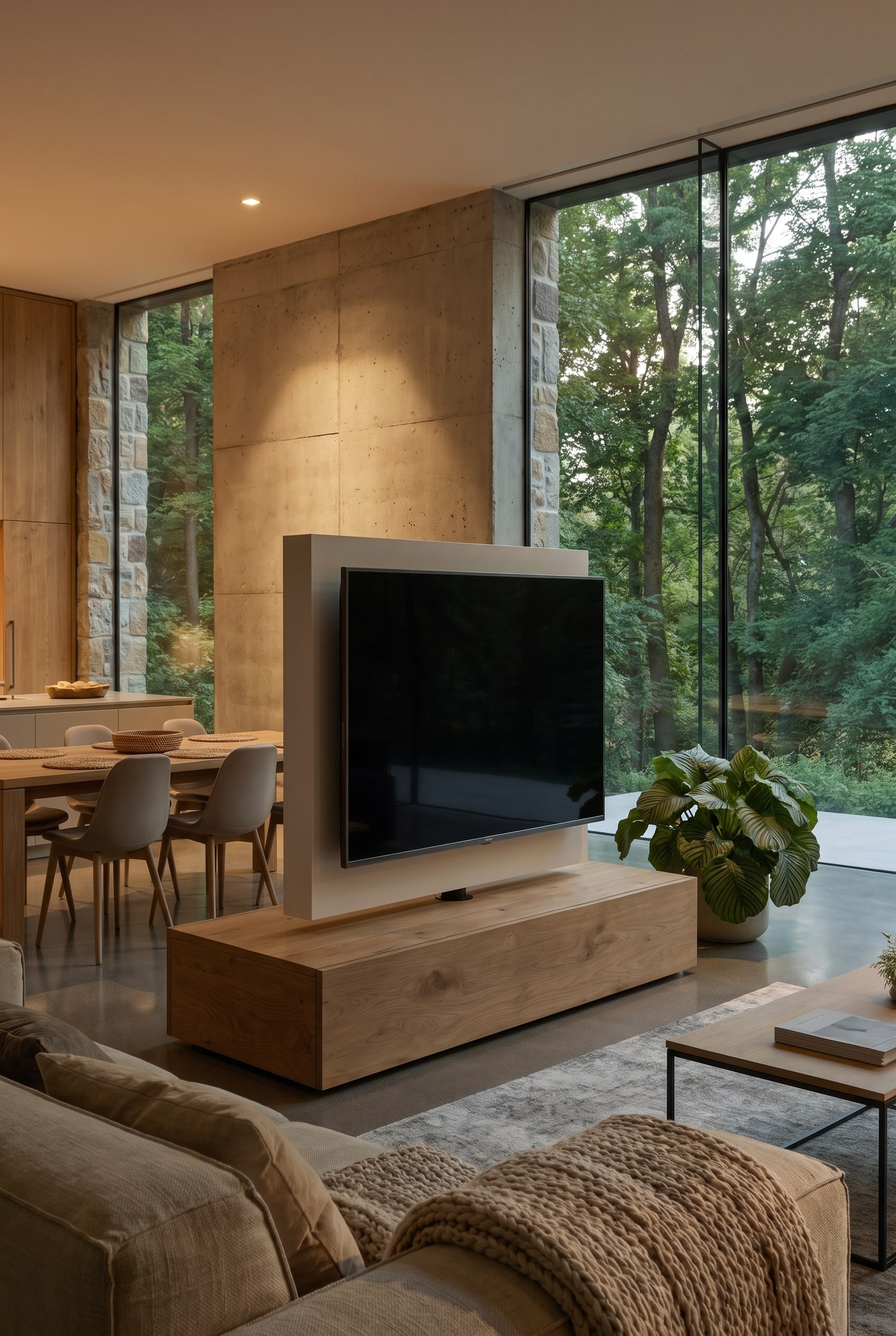 Un meuble bas Livitalia Roto clair en bois de fr&ecirc;ne comme &eacute;l&eacute;gant s&eacute;parateur de pi&egrave;ce avec un panneau TV autoportant et pivotant dans un salon moderne et puriste.