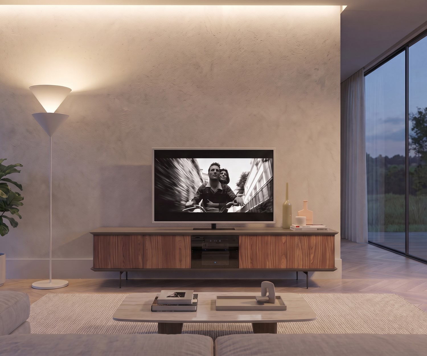 Meuble TV lowboard Ozzio Brera pour le salon. Meuble télé élégant en noyer avec porte central en verre fumé design.