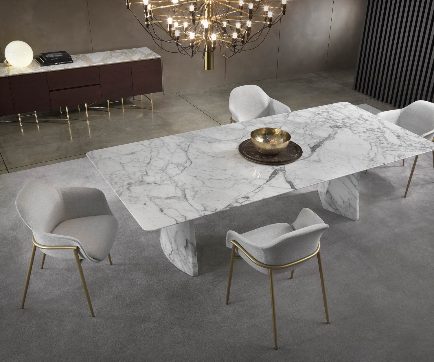 Elegante design eettafel marmer panoramisch uitzicht in de eetkamer wit Arabescato Elegante design eettafel marmer panoramisch uitzicht in de eetkamer wit Arabescato