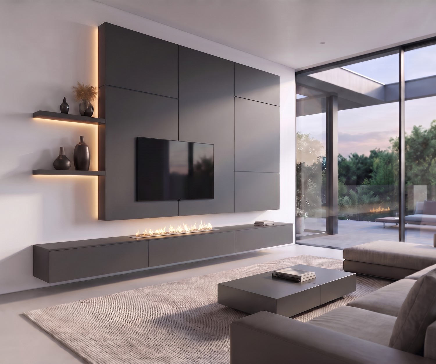 Modern TV-wandmeubel C102 antraciet met haard Livitalia C102 TV-wandmeubel met haard: Antraciet zwevend dressoir, TV-paneel en LED-planken in moderne woonkamer.