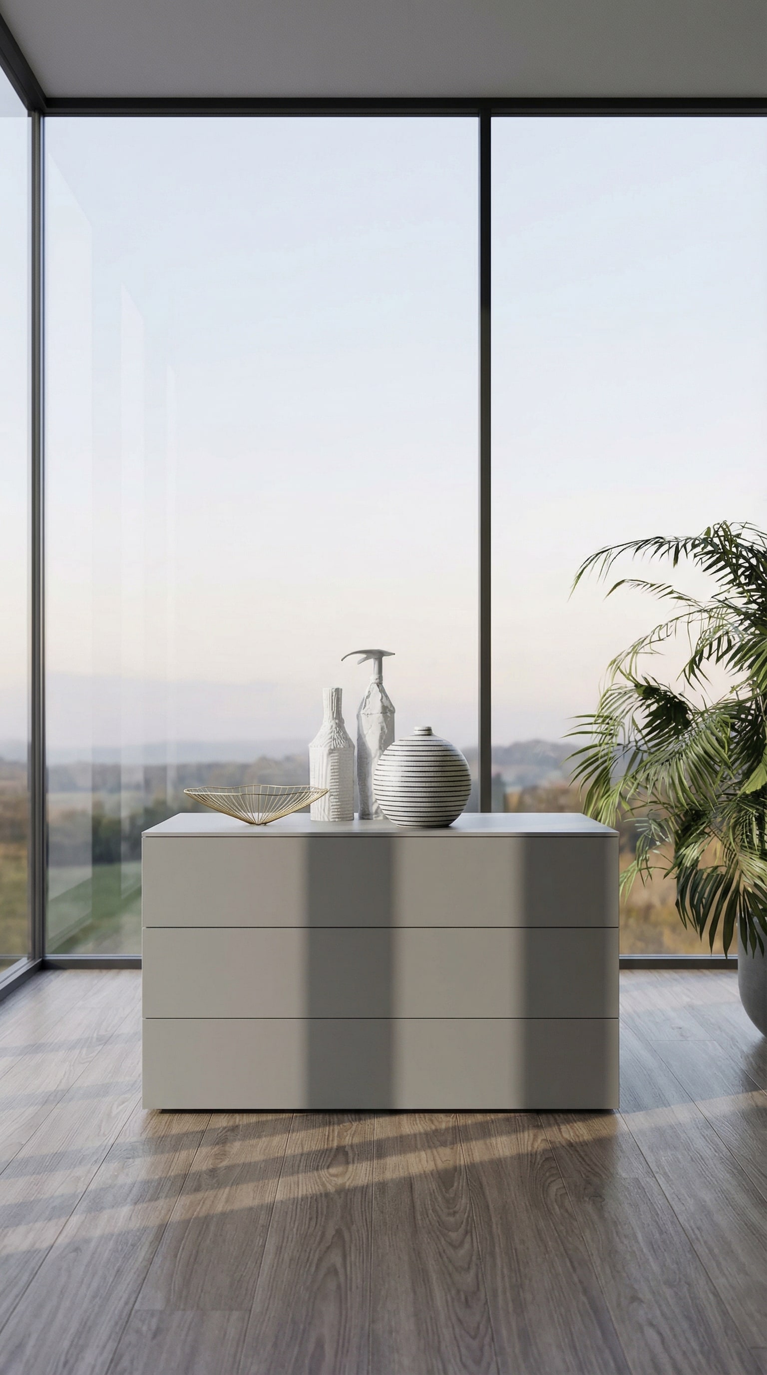 Hochmoderne Kommode mit matt lackierten Schubladen und einer samtigen, kratzfesten Oberfl&auml;che