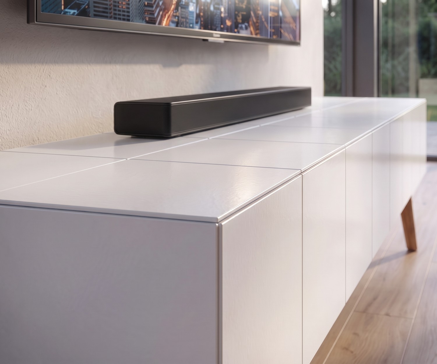 al2 TV-lowboard MOS-I-KO 005 B in wit voor de woonkamer, modern designmeubel met houten poten.