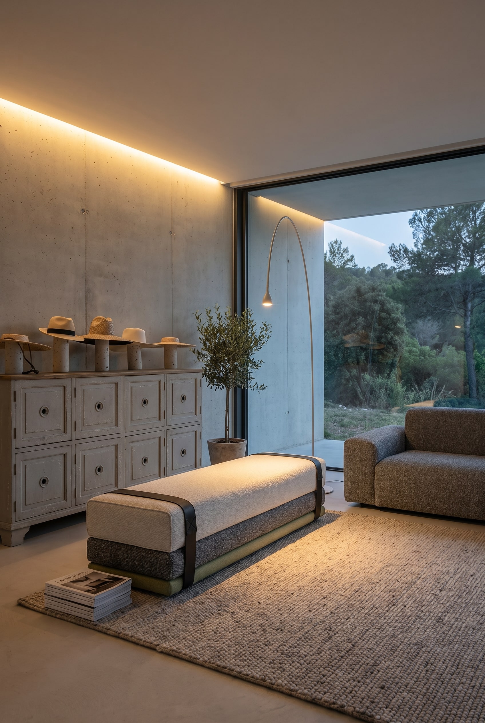 Coin lecture près de la fenêtre avec une banquette rembourrée compacte qui se déplie en un couchage bas, à côté d'une lampe à arc