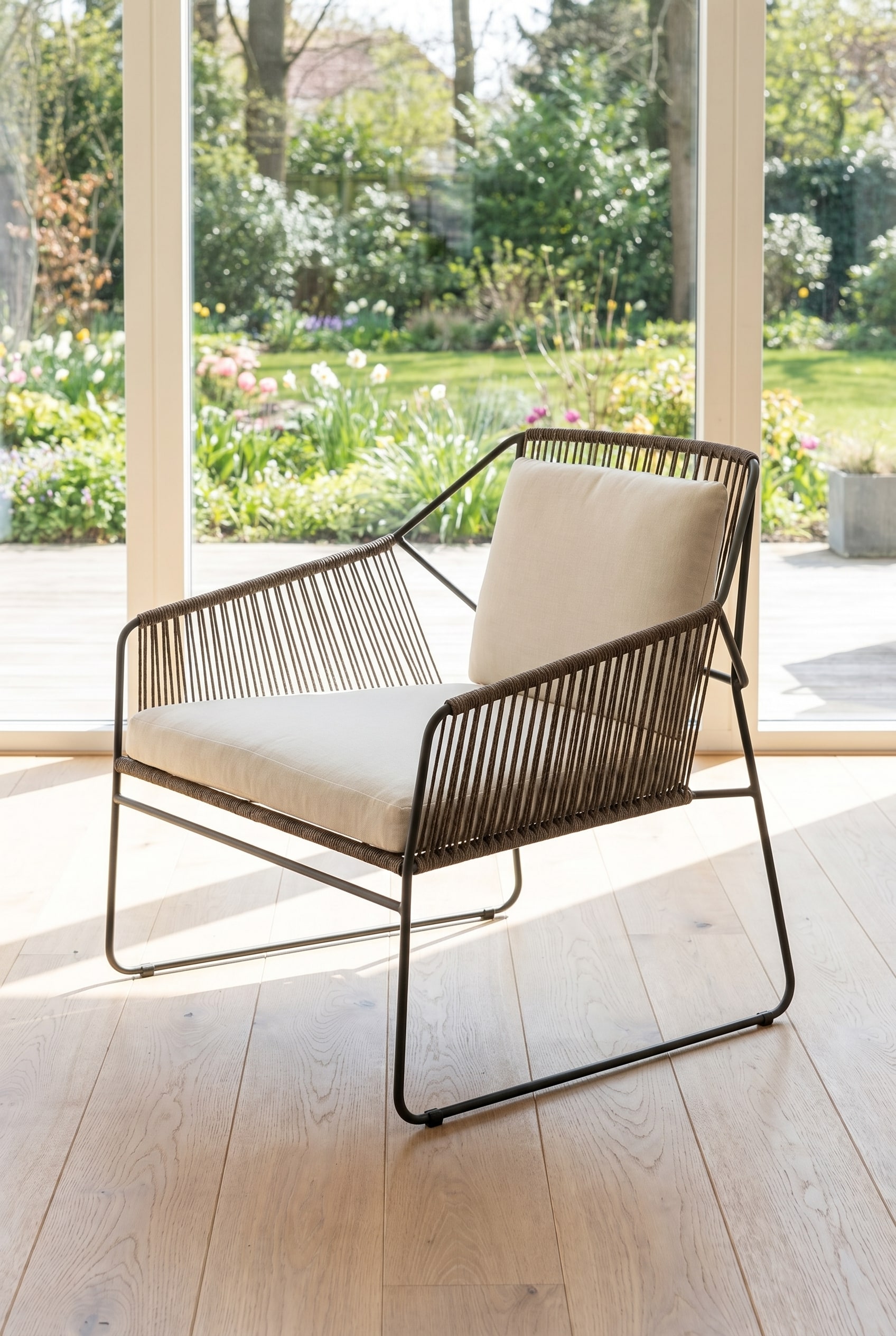 Fauteuil design tiss&eacute; &agrave; la main en acier inoxydable et corde, vu en perspective oblique