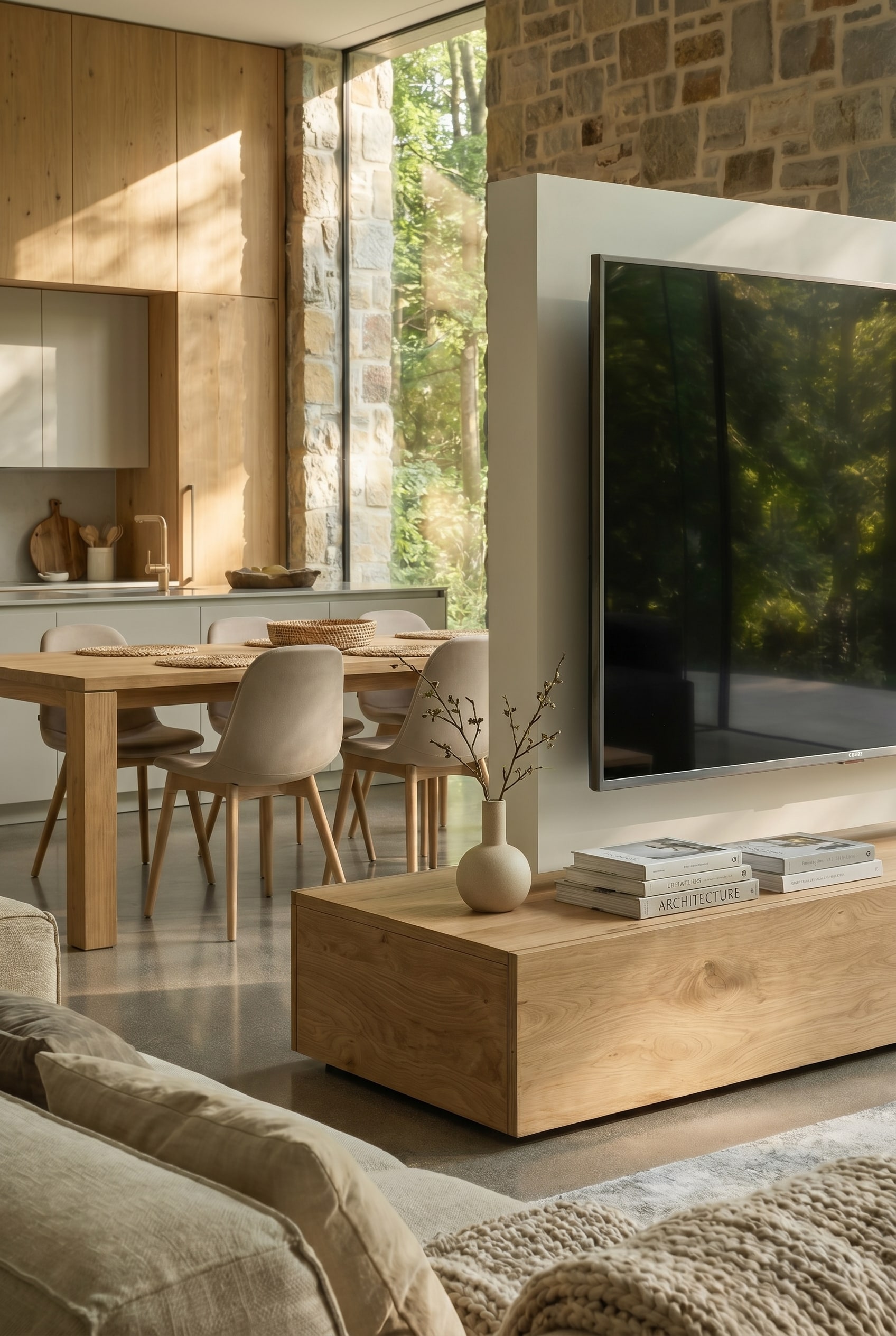 Combinaison harmonieuse de matériaux entre l'îlot de cuisine et le meuble de séparation central dans une cuisine ouverte Combinaison harmonieuse de matériaux entre l'îlot de cuisine et le meuble de séparation central dans une cuisine ouverte