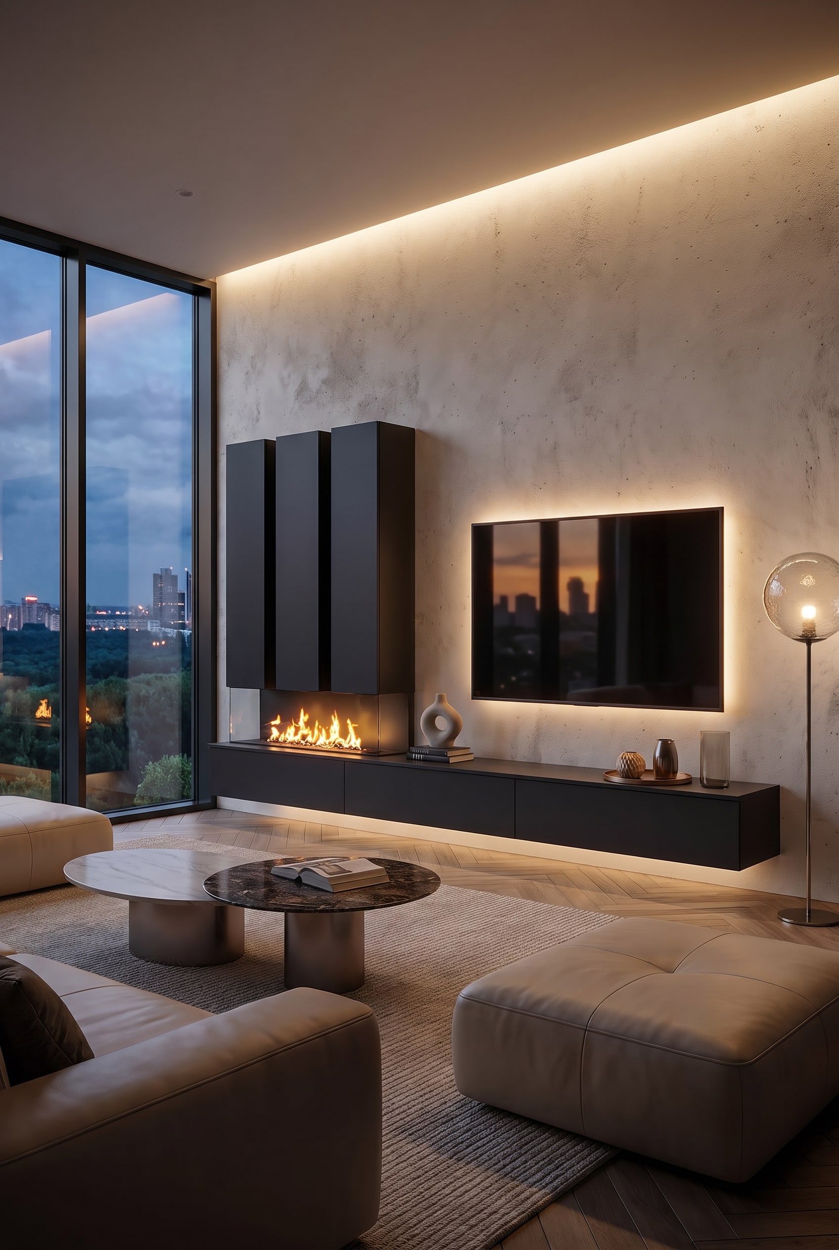 Salon &eacute;l&eacute;gant avec un meuble TV noir mat profond, une t&eacute;l&eacute;vision invisible et un feu de chemin&eacute;e lumineux