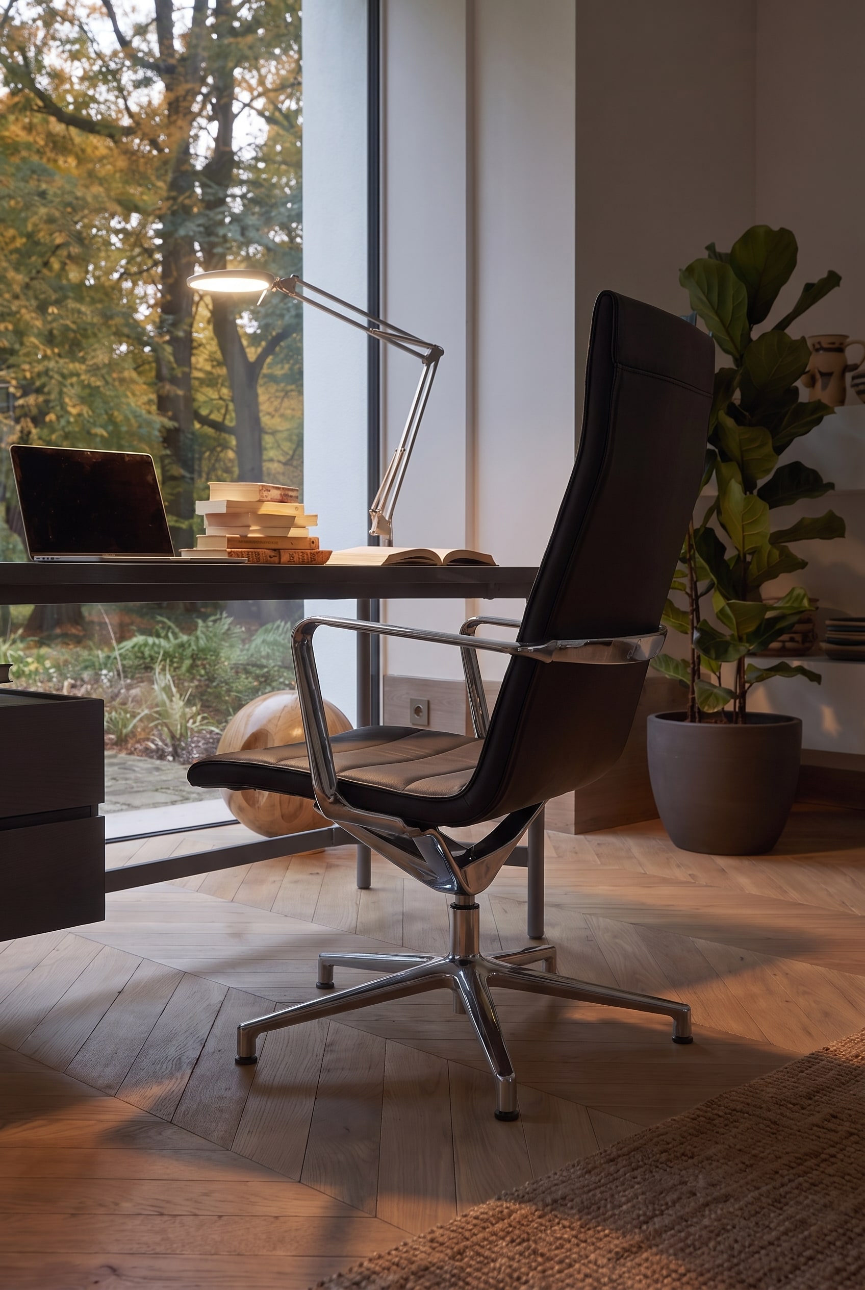 Élégante chaise de bureau ICF Valea Lounge avec coque d'assise en cuir mince et structure en aluminium sur un bureau moderne