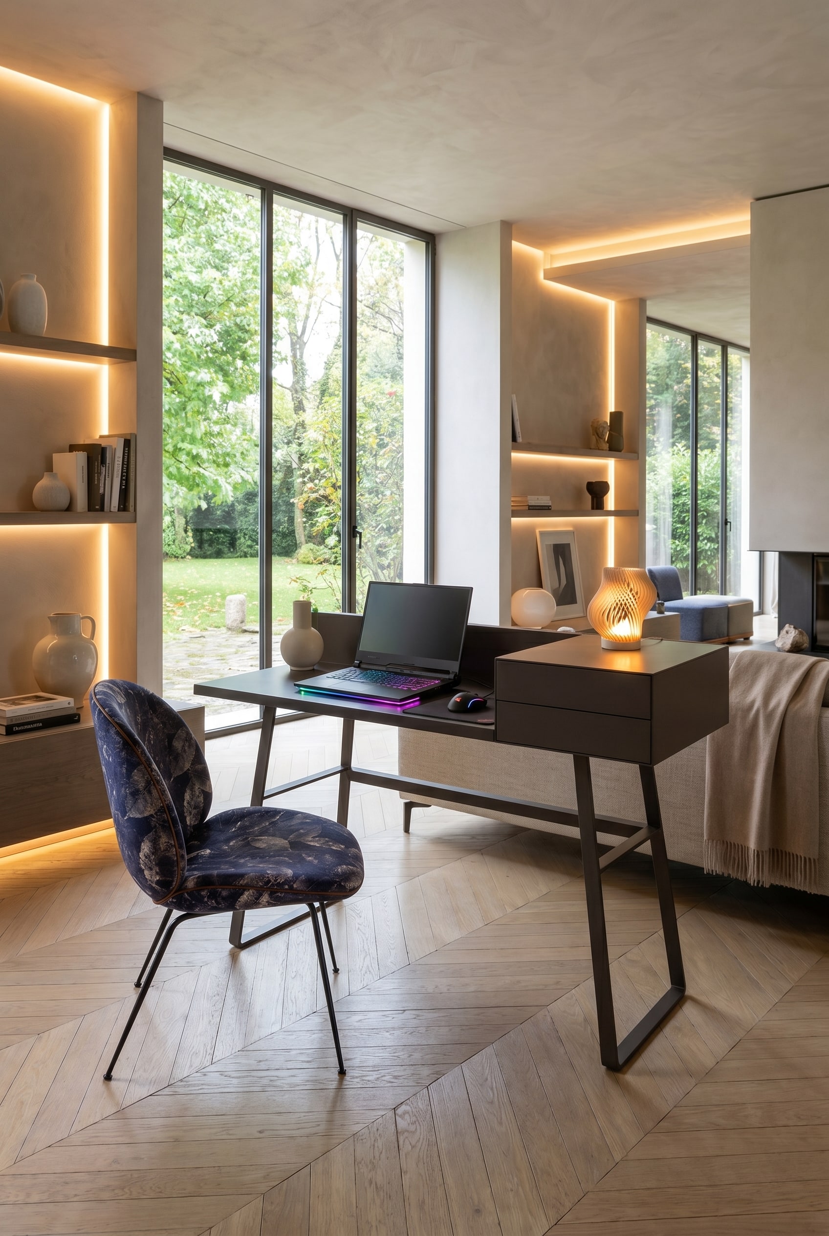 Salon moderne avec secrétaire design fermé en chêne foncé et lampe sur pied couleur laiton