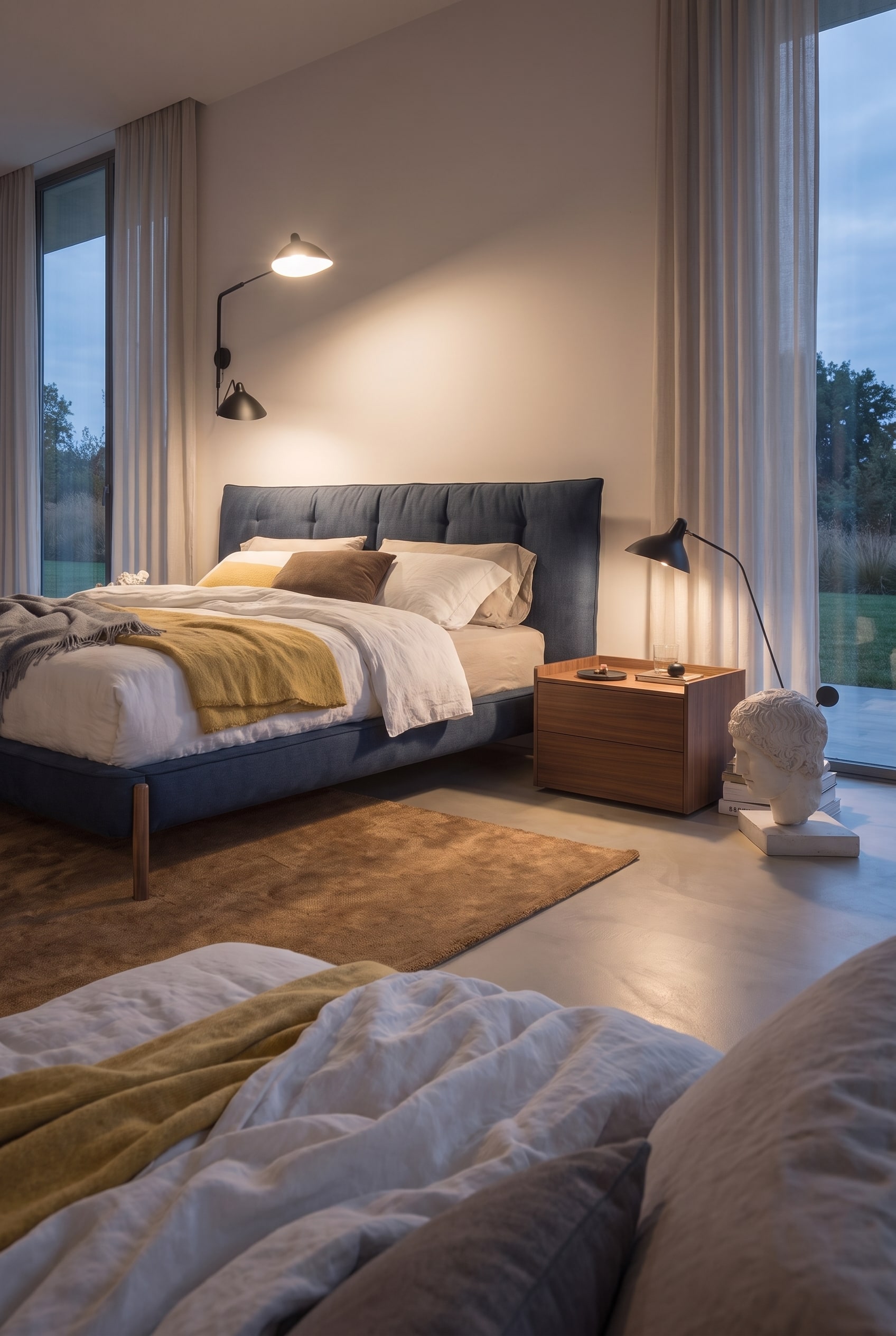 Table de chevet avec lampe design enti&egrave;rement pos&eacute;e sur un tapis chaleureux &agrave; c&ocirc;t&eacute; d'un lit rembourr&eacute; bleu fonc&eacute;.