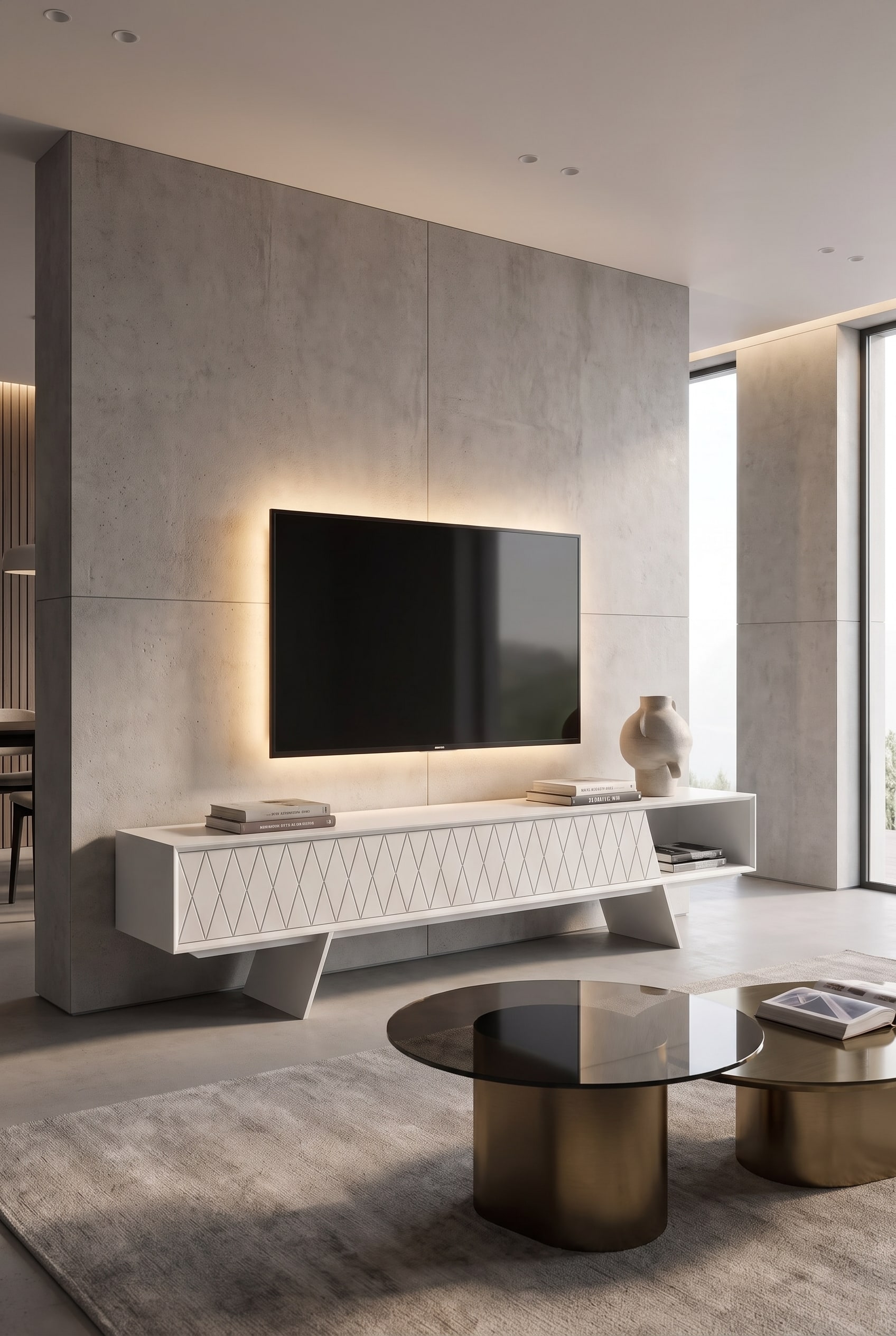 Salon moderne avec un meuble bas vert sauge mat profond devant un mur clair et neutre, avec la t&eacute;l&eacute;vision au-dessus