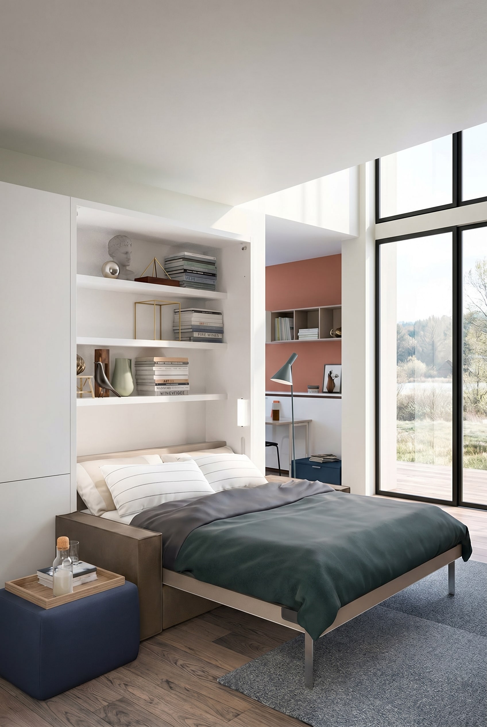 Chambre moderne avec un lit escamotable Clei Penelope 2 élégamment intégré dans le mur d'armoires blanc.