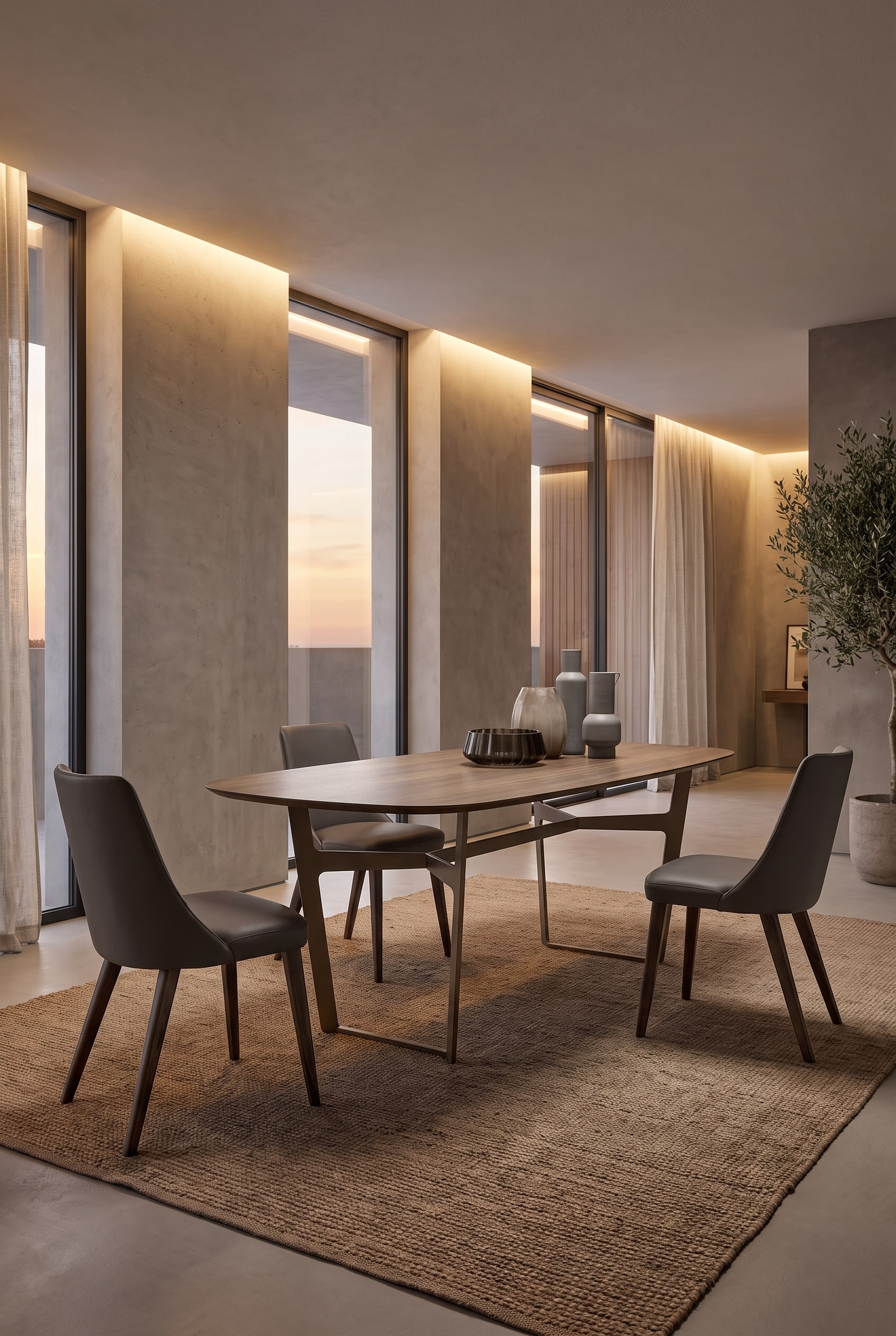 Minimalistisches Esszimmer mit rechteckigem Holzesstisch, drei grauen Keramikvasen und beigen Polsterstühlen