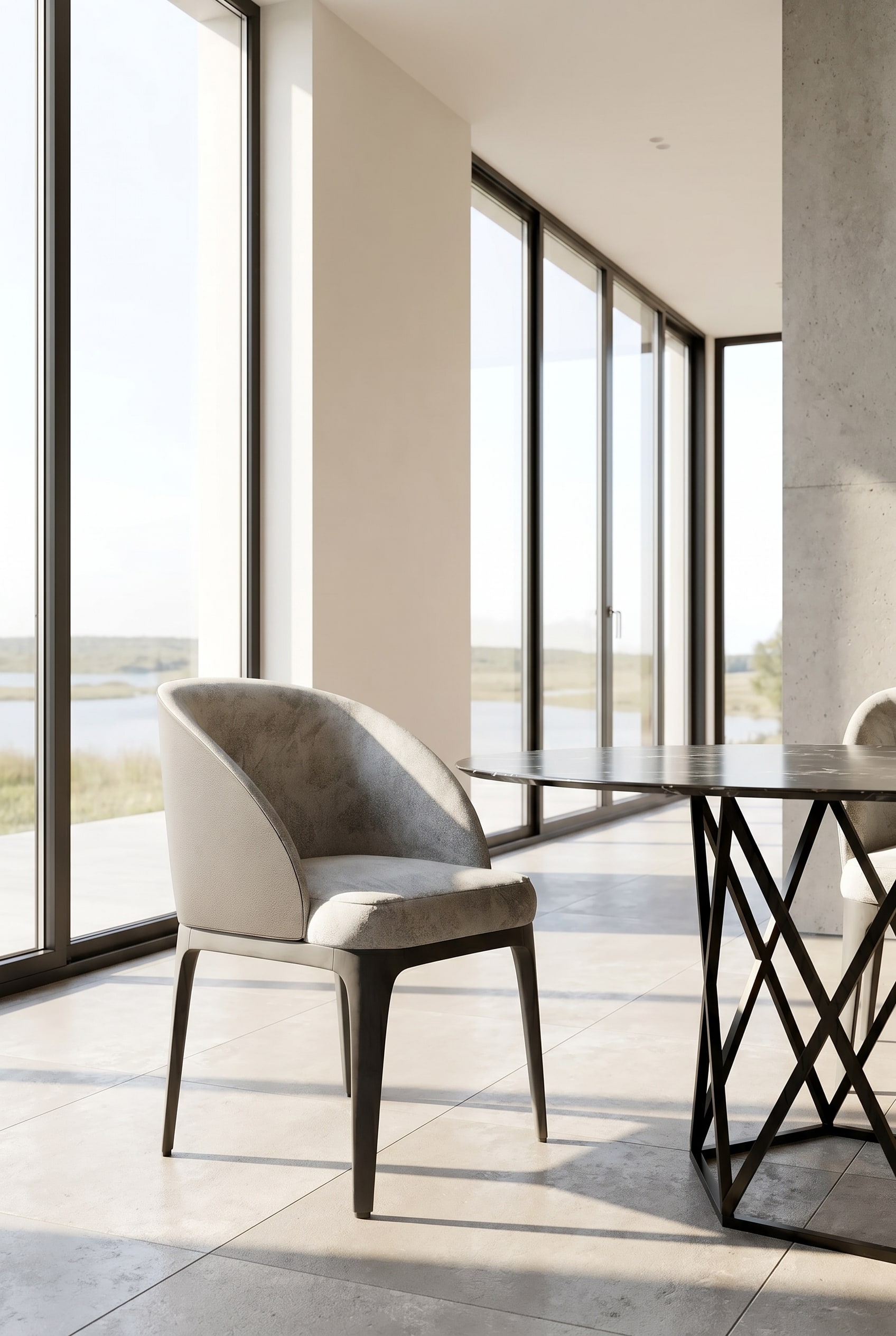Salle &agrave; manger luxueuse avec fauteuil Marelli Paris en tissu gris clair autour d'une table &agrave; manger noire