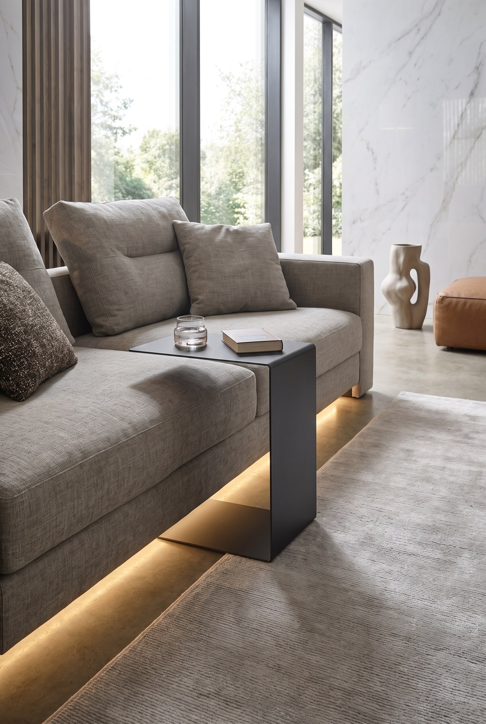 Gros plan d'un canap&eacute; moderne avec une table d'appoint filigrane en forme de C en m&eacute;tal noir mat, qui d&eacute;passe du rembourrage.