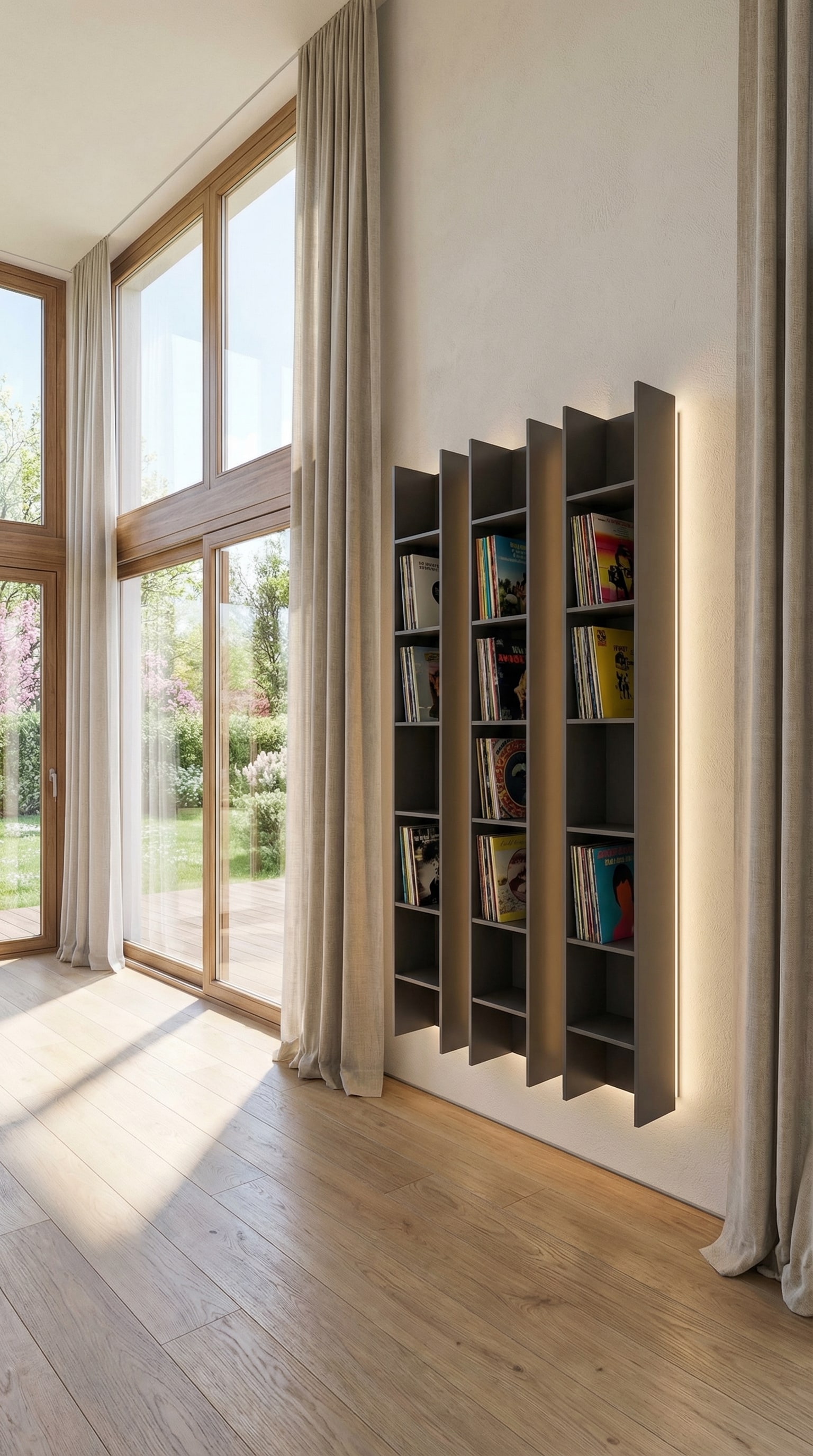 Schwebendes Wandregal mit Schallplatten und dezenter Beleuchtung