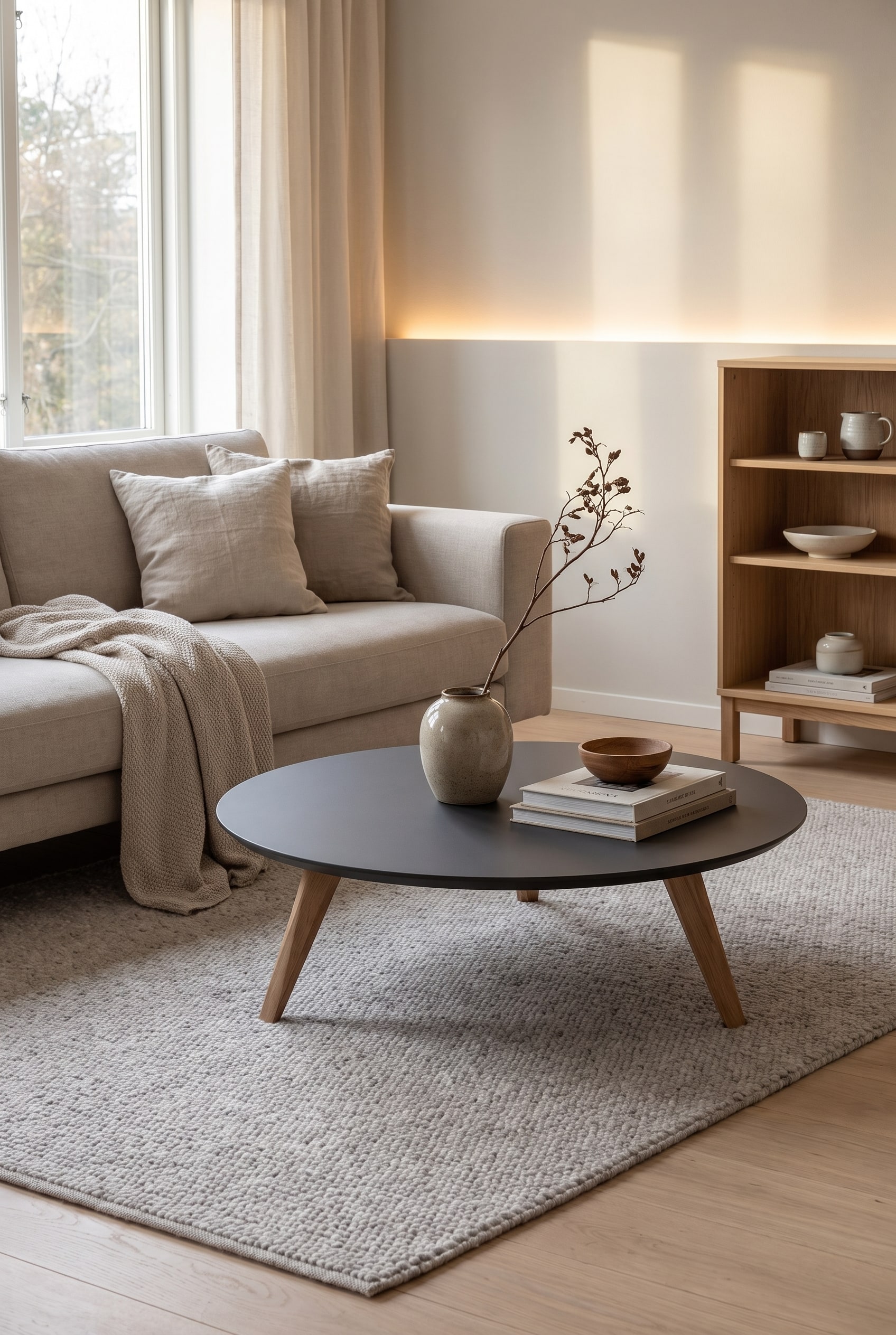 Une table d'appoint scandinave filigrane avec des pieds en bois légèrement inclinés et chaleureux, placée dans un salon lumineux et épuré.