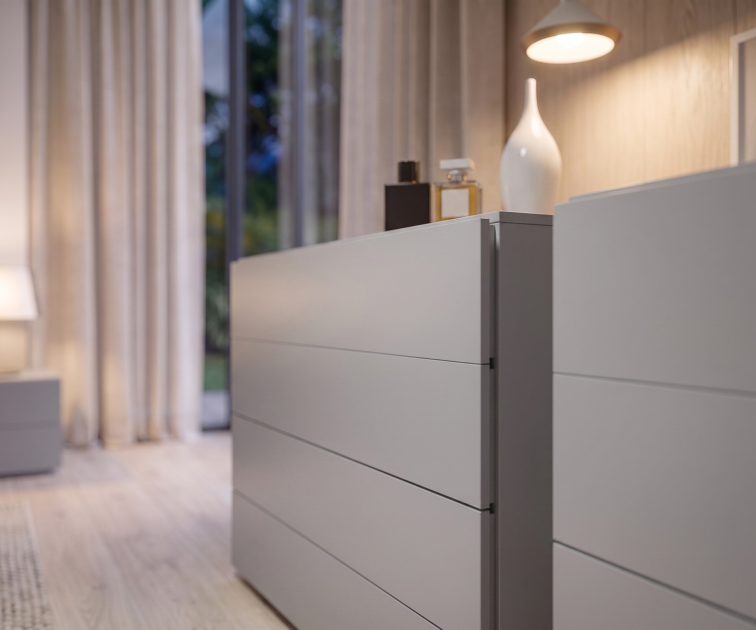 Commode moderne Easy 4 avec tiroirs sans poignée Commode Novamobili Easy 4 pour chambre. Commode grise moderne sans poignées offrant un grand espace de rangement.