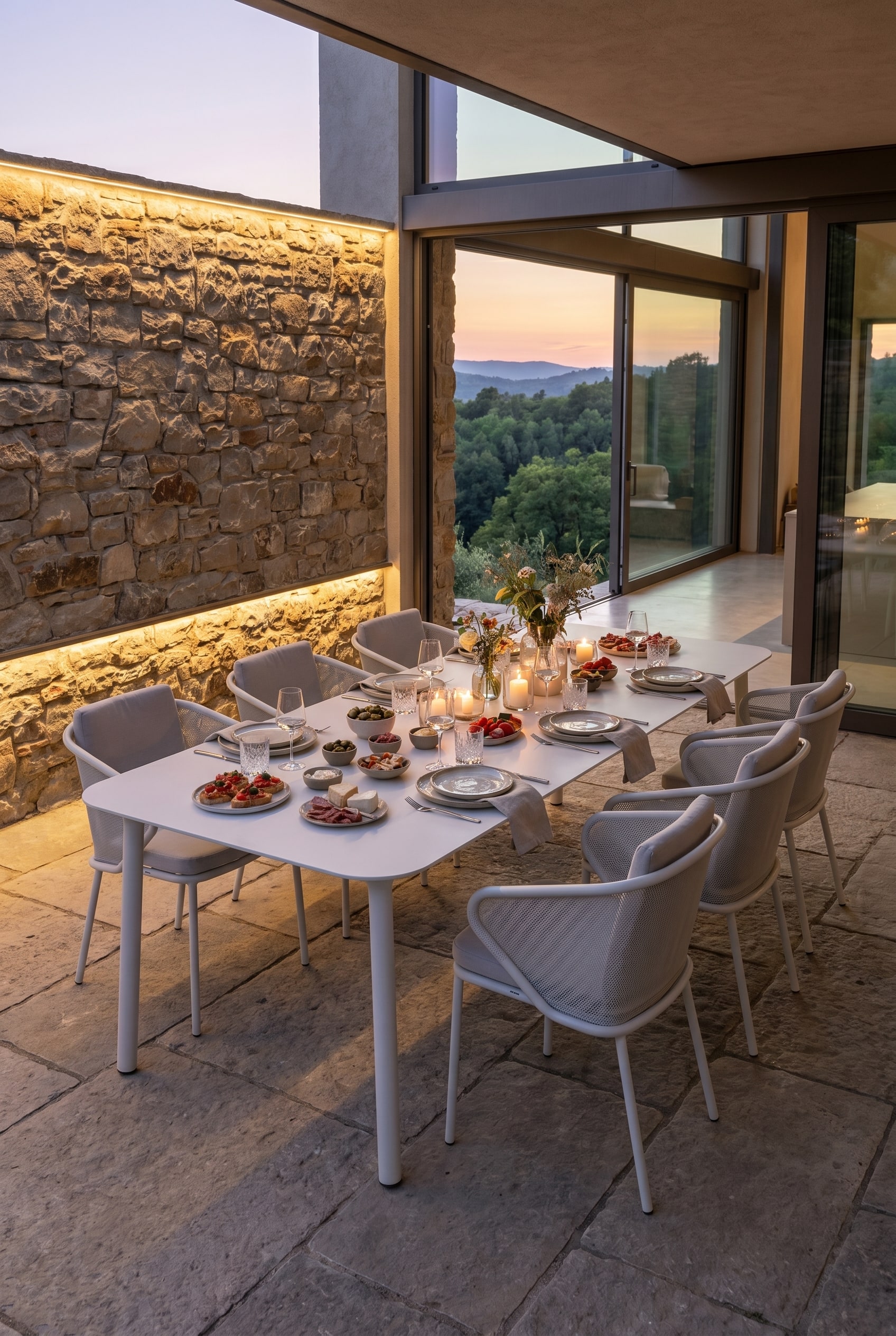 Quatre fauteuils d'extérieur confortables en gris avec un design ergonomique autour d'une table à manger minimaliste