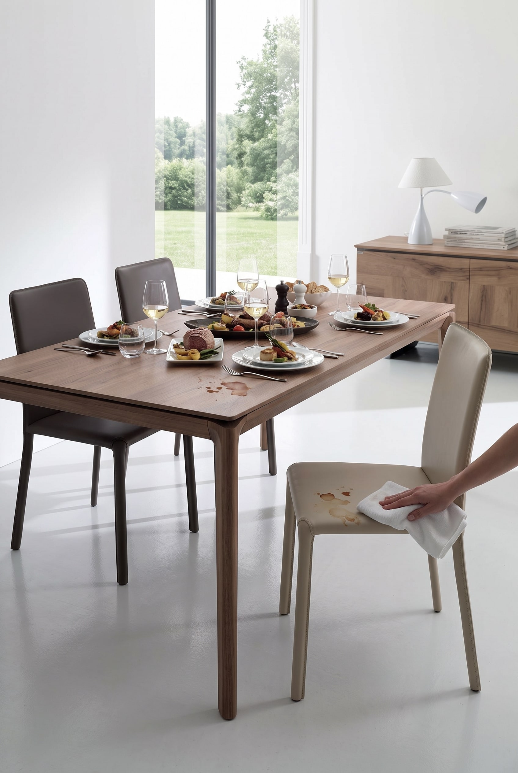 Une chaise en cuir clair &agrave; la table &agrave; manger, dont le bord d'assise impeccable d&eacute;montre un entretien professionnel du cuir