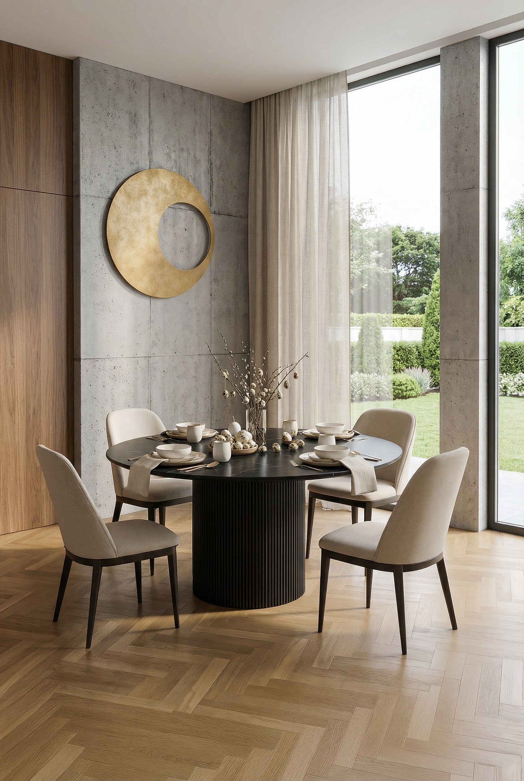 al2 dakry br 001 Table &agrave; manger ronde avec des bords doux et organiques et des chaises &eacute;l&eacute;gantes