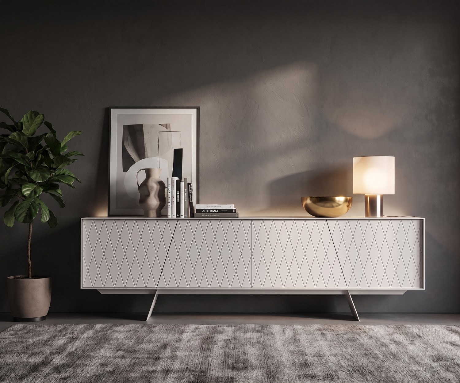Buffet al2 e-klipse 003 avec motif à losanges dans un salon moderne, buffet design blanc devant un mur gris.
