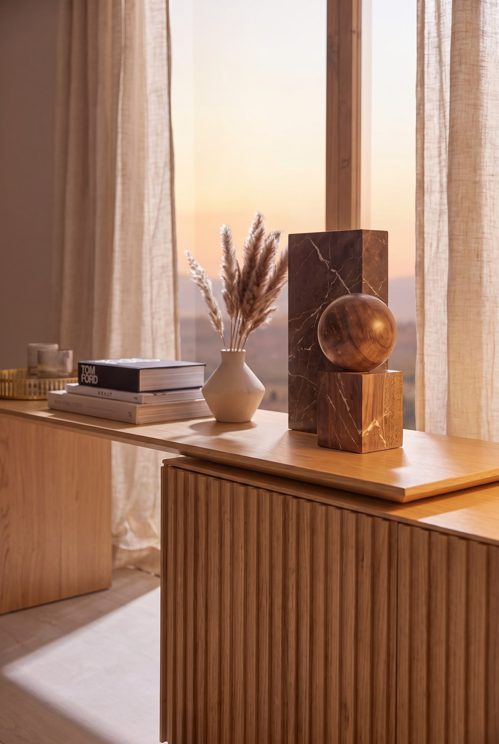 Macro de la façade en bois rainuré du sideboard avec des blocs de marbre, une boule en bois et un vase placés dessus.