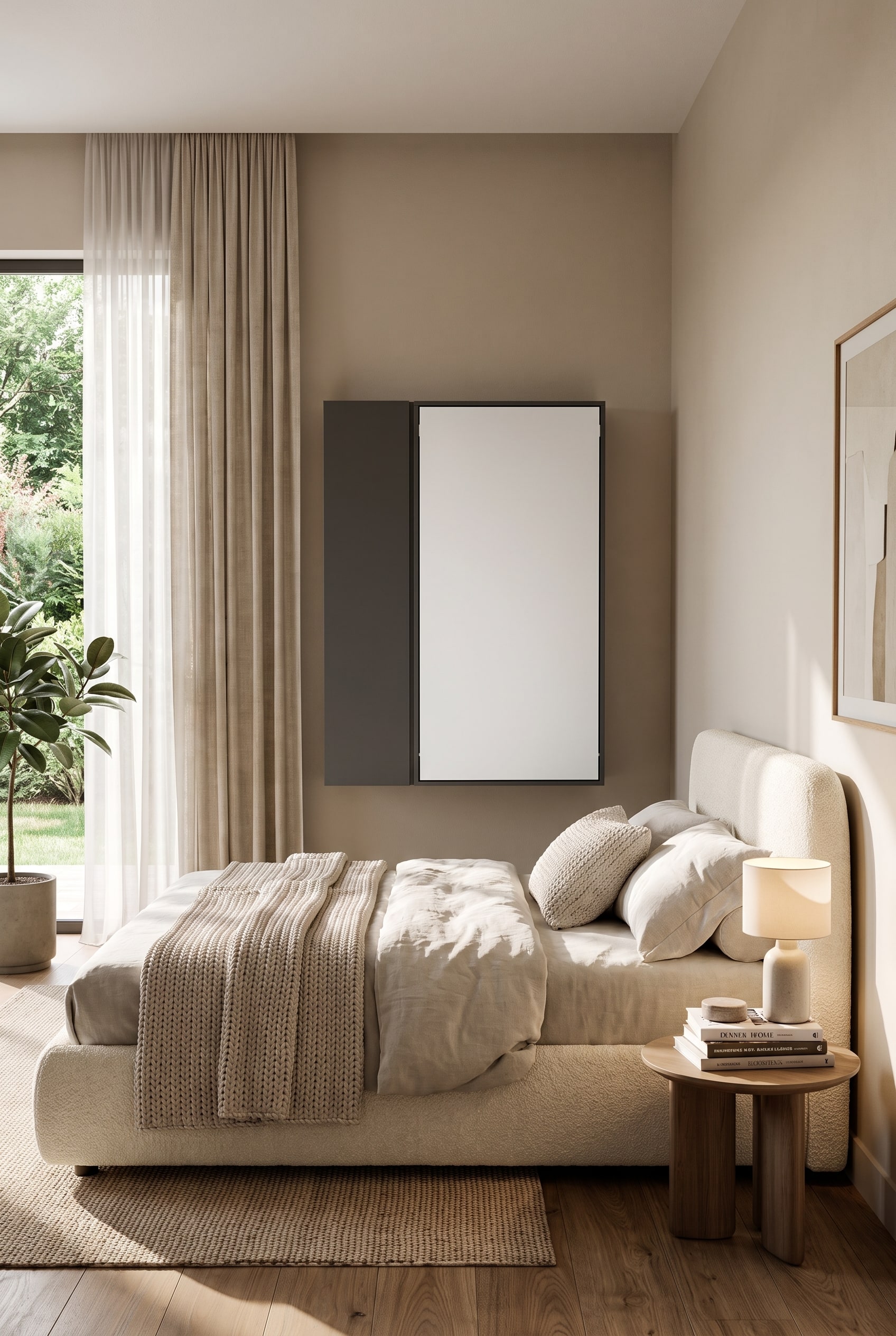 Une chambre d'amis élégante et moderne avec un lit rembourré doux et une table murale pliante étroite et fermée comme espace de travail peu encombrant.