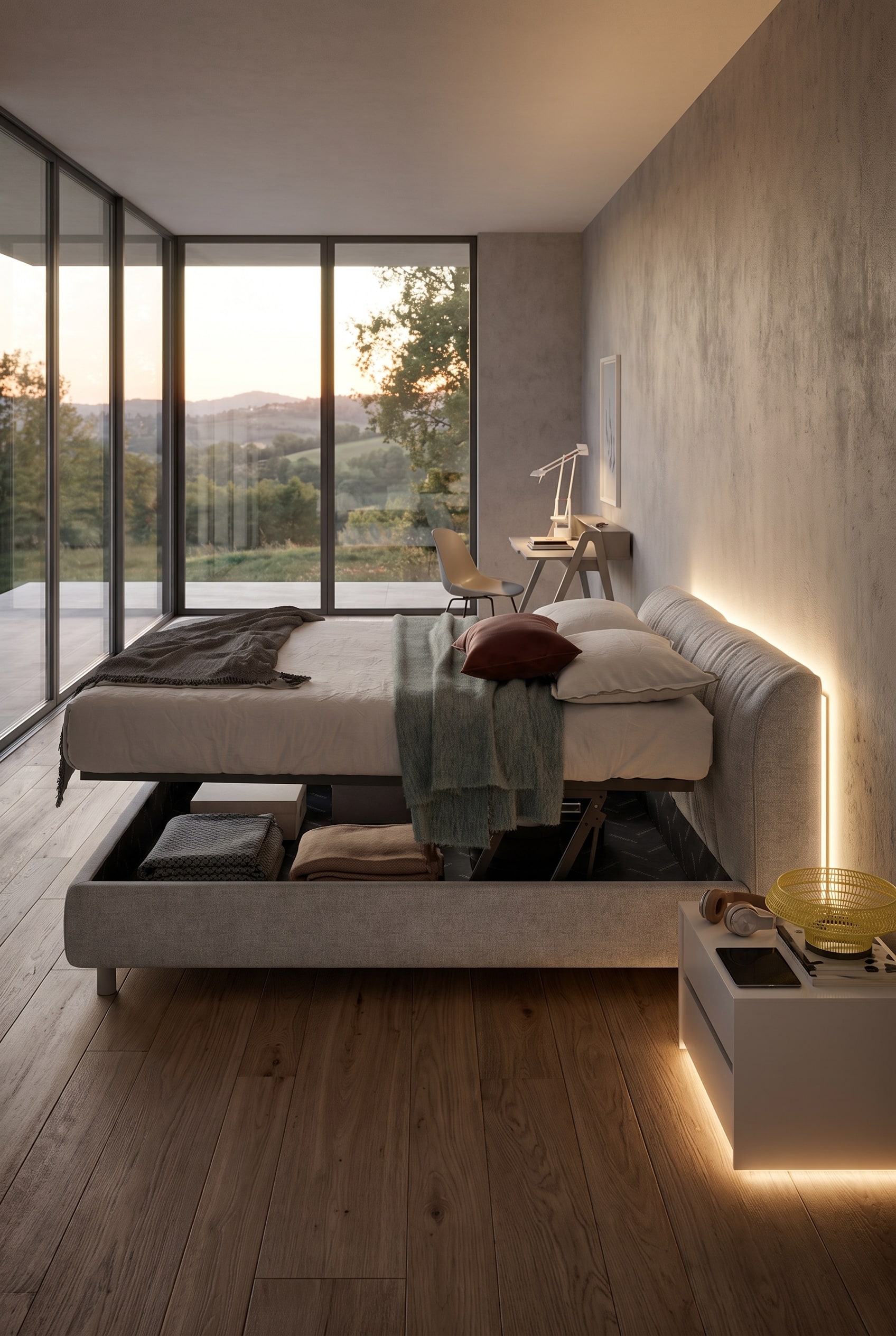 Chambre d'adolescent avec un lit rembourré beige, dont la surface de couchage relevée révèle un généreux coffre de rangement rempli de sacs sous vide