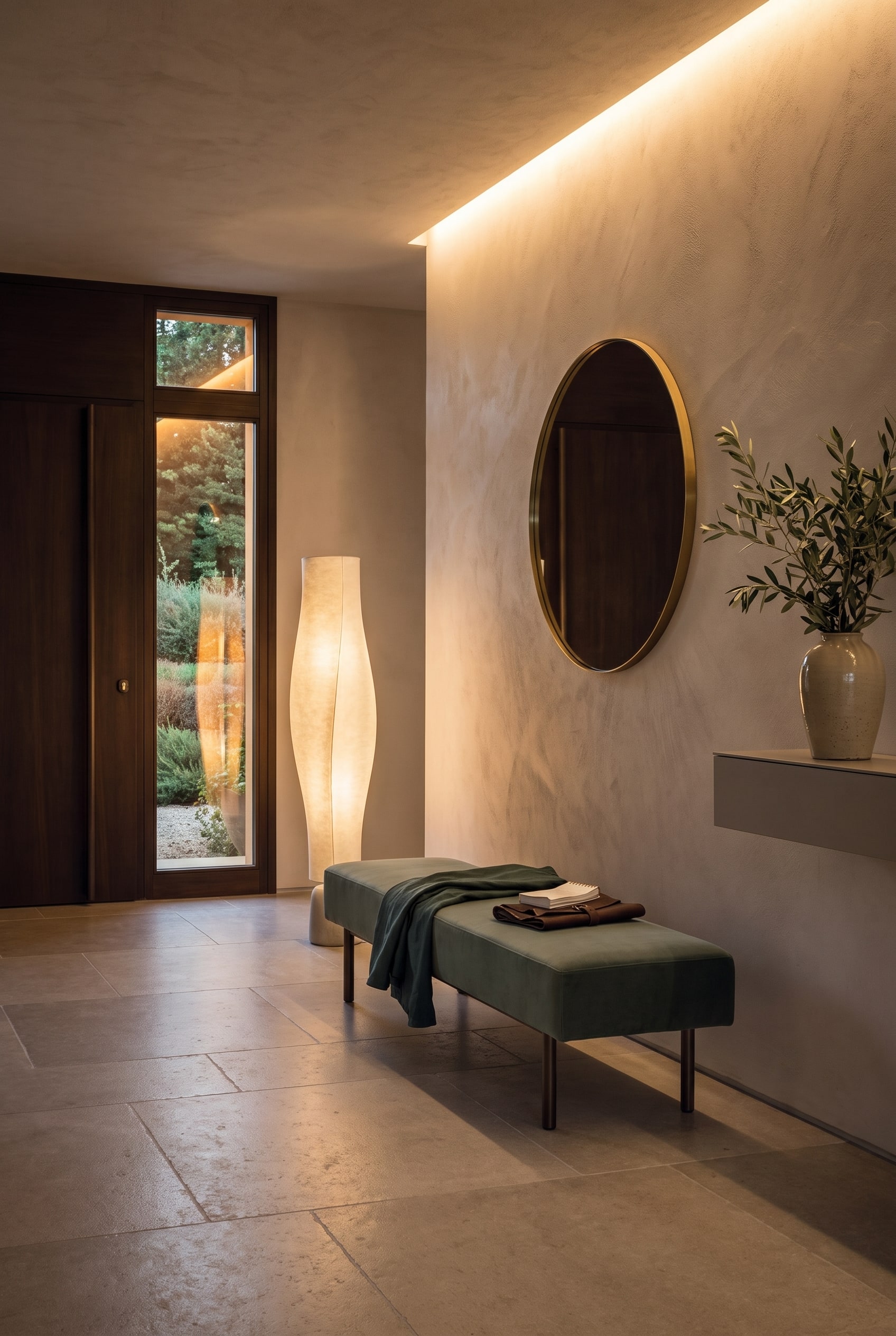 Couloir accueillant avec un banc rembourré, des textiles de haute qualité et de grandes fenêtres