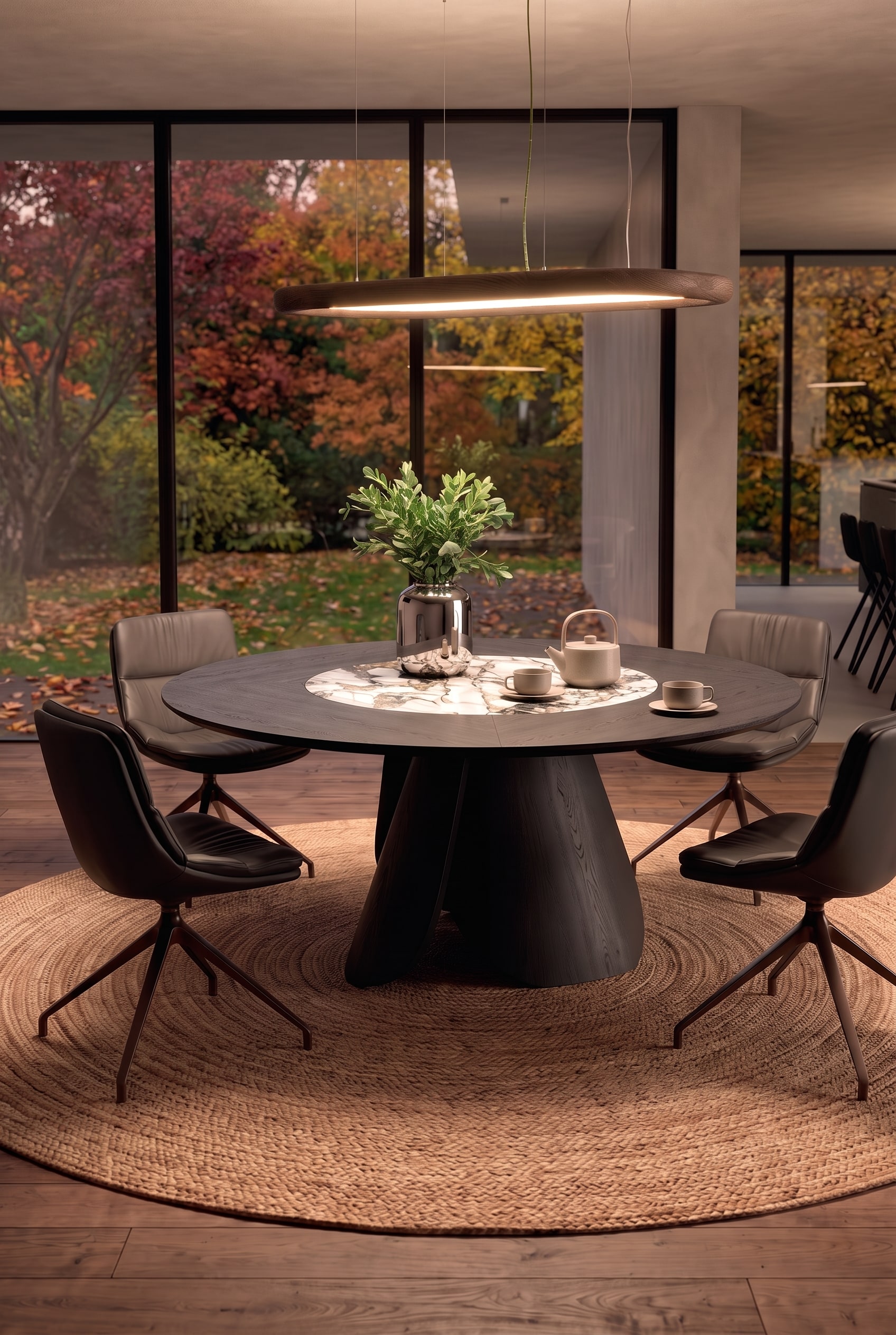 Table &agrave; manger ronde en bois fonc&eacute; avec marbre clair, d&eacute;cor&eacute;e d'un vase chrom&eacute; et d'une branche verte devant une fen&ecirc;tre de jardin.