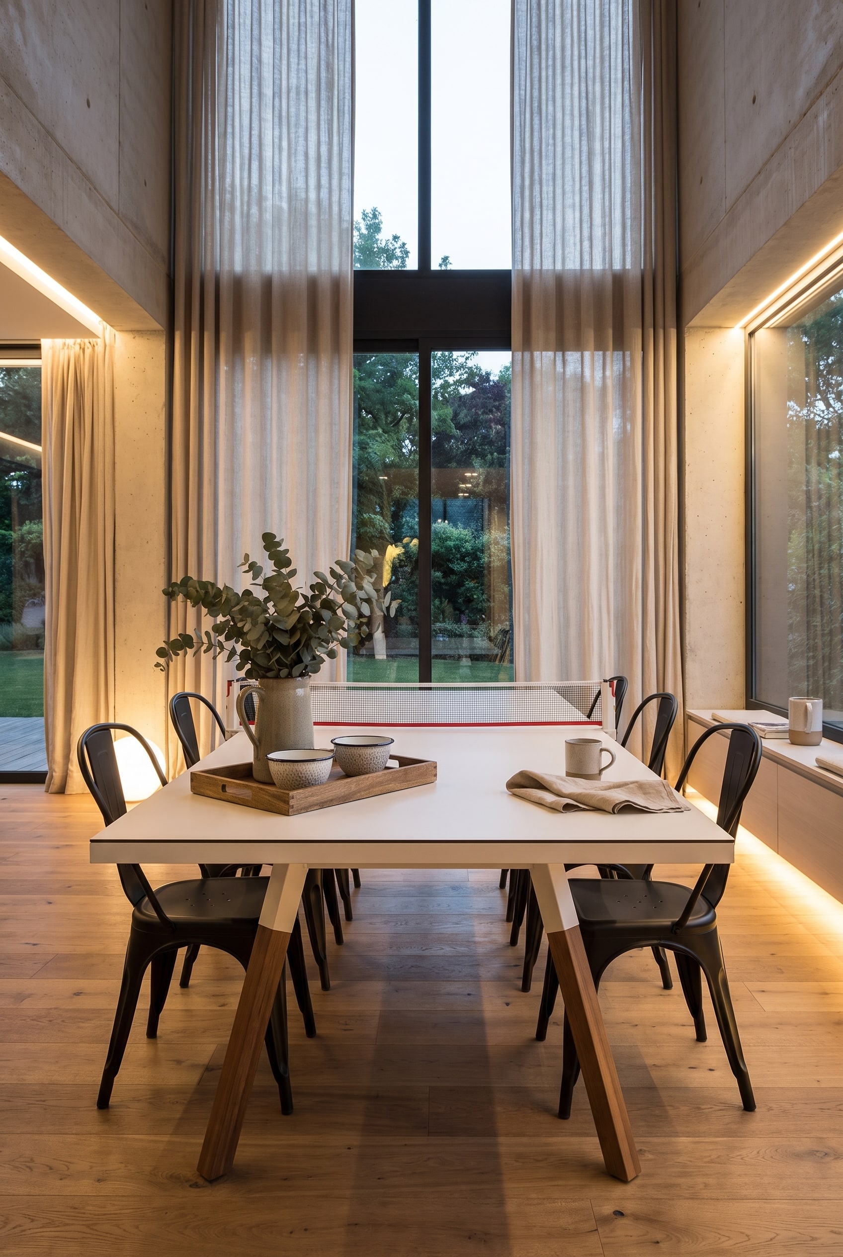 Helles Esszimmer mit wei&szlig;em Multifunktionstisch, Holztablett mit Emaille-Schalen und schwarzen Metallst&uuml;hlen