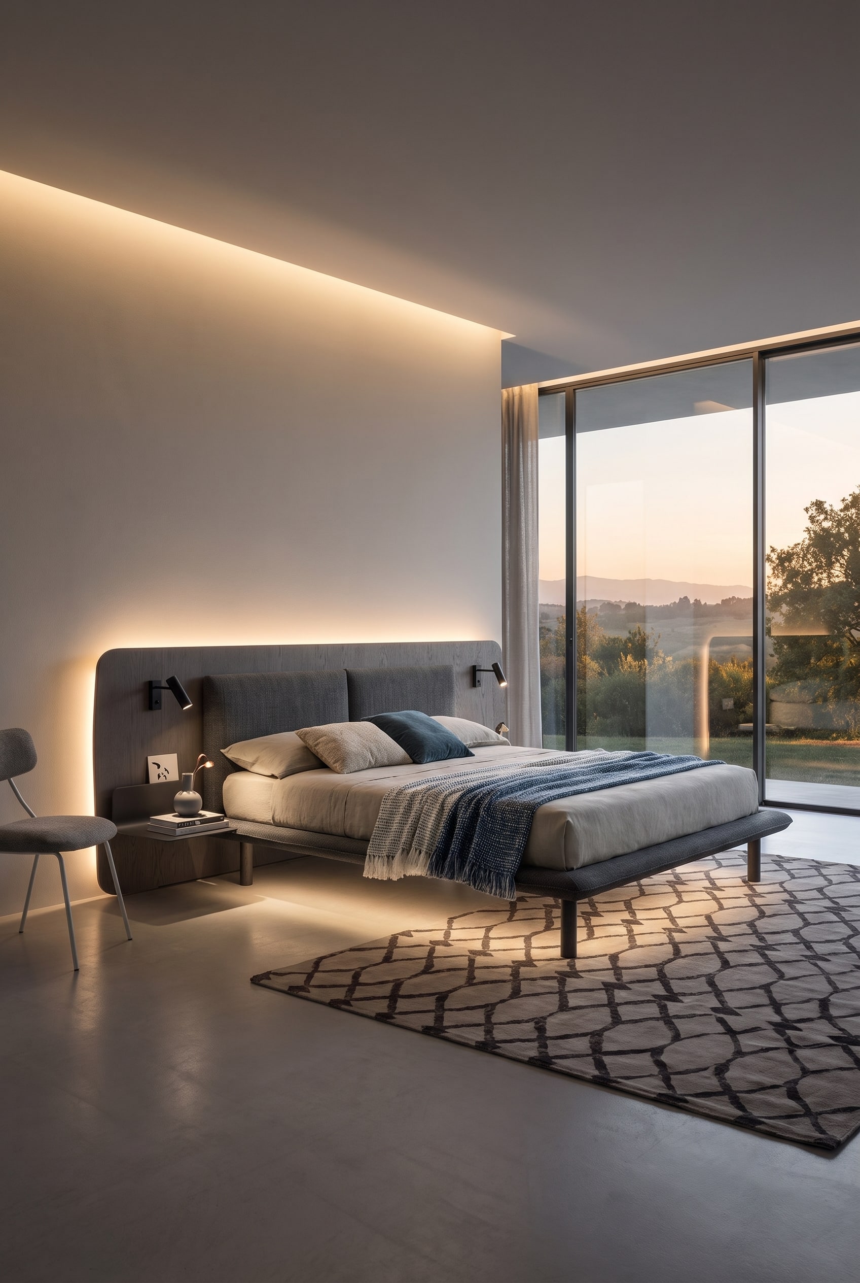 Chambre d'amis de boutique-hôtel avec un grand lit rembourré, dont la tête de lit extra-large encadre les tables de chevet, éclairée par des spots LED orientables