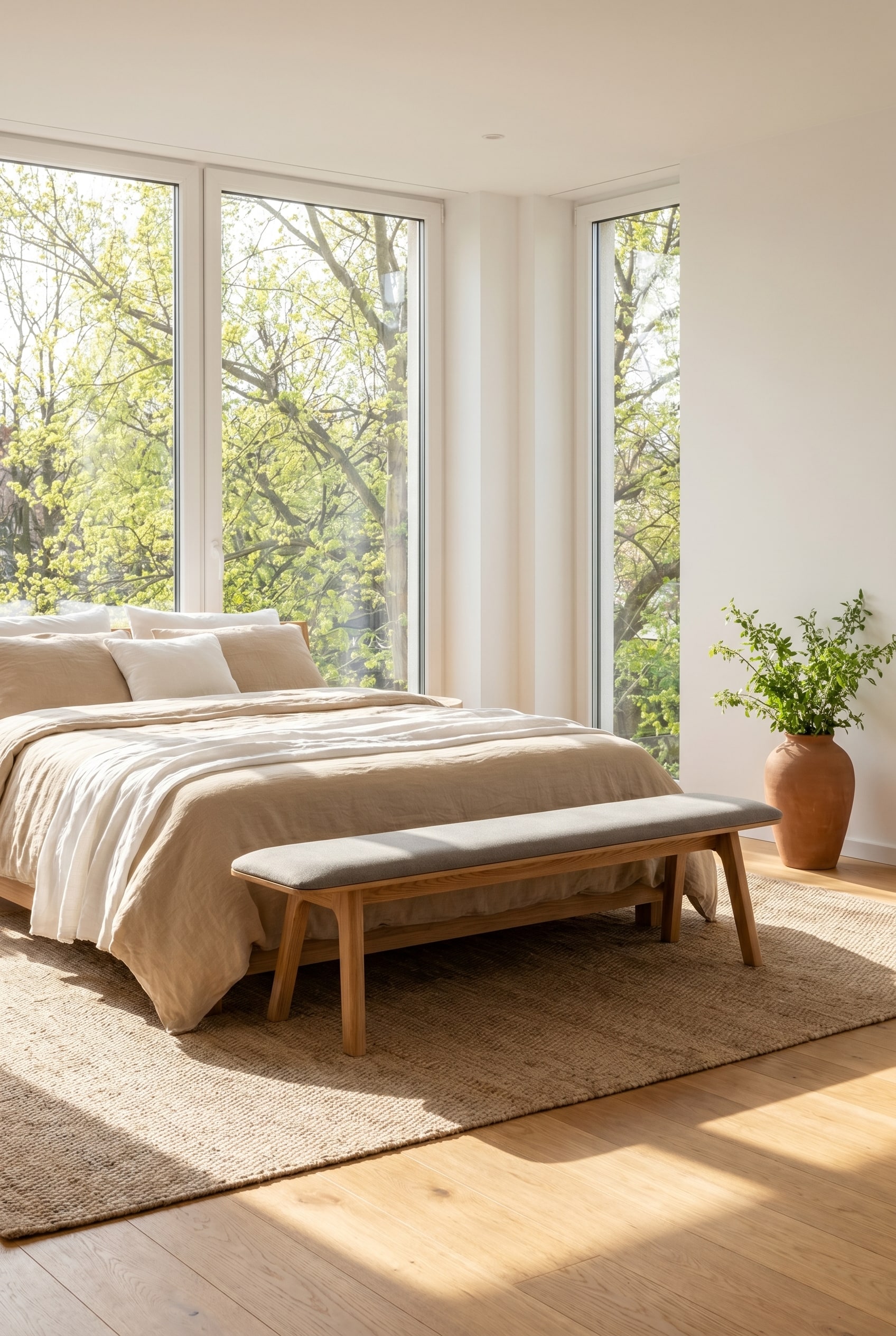 Banc en bois de haute qualit&eacute; avec une structure filigrane dans une chambre lumineuse et naturelle