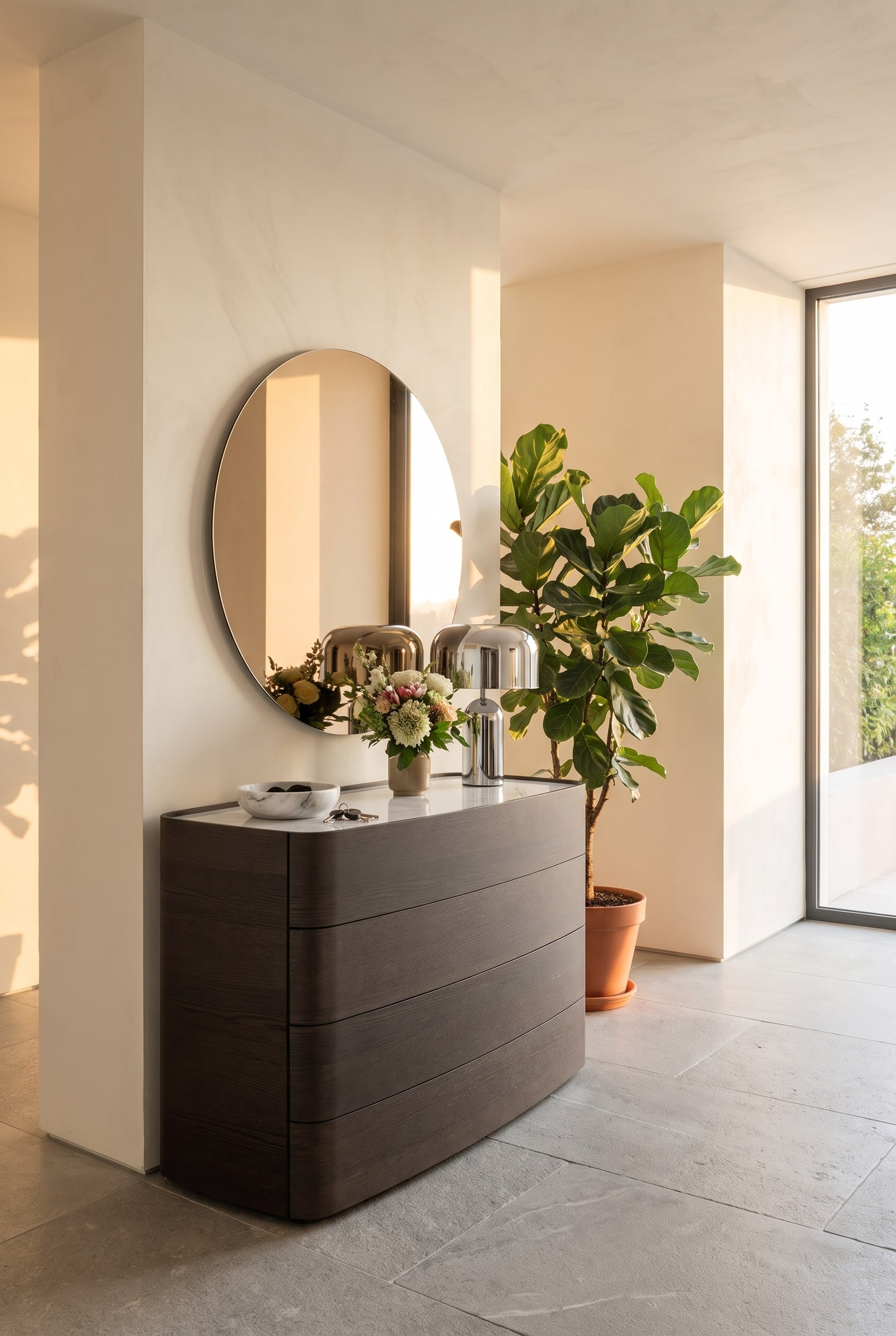 Une élégante commode en bois à quatre tiroirs et aux bords doucement arrondis se trouve dans un couloir moderne et étroit.