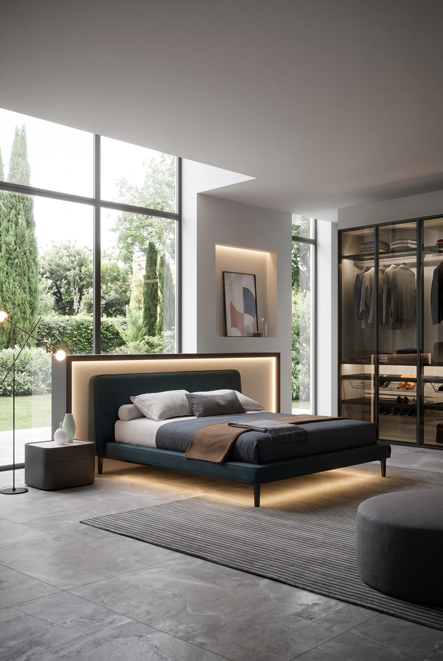 Design de chambre moderne avec un lit rembourr&eacute; vert fonc&eacute; et un &eacute;clairage LED de contraste chaud le long du cadre