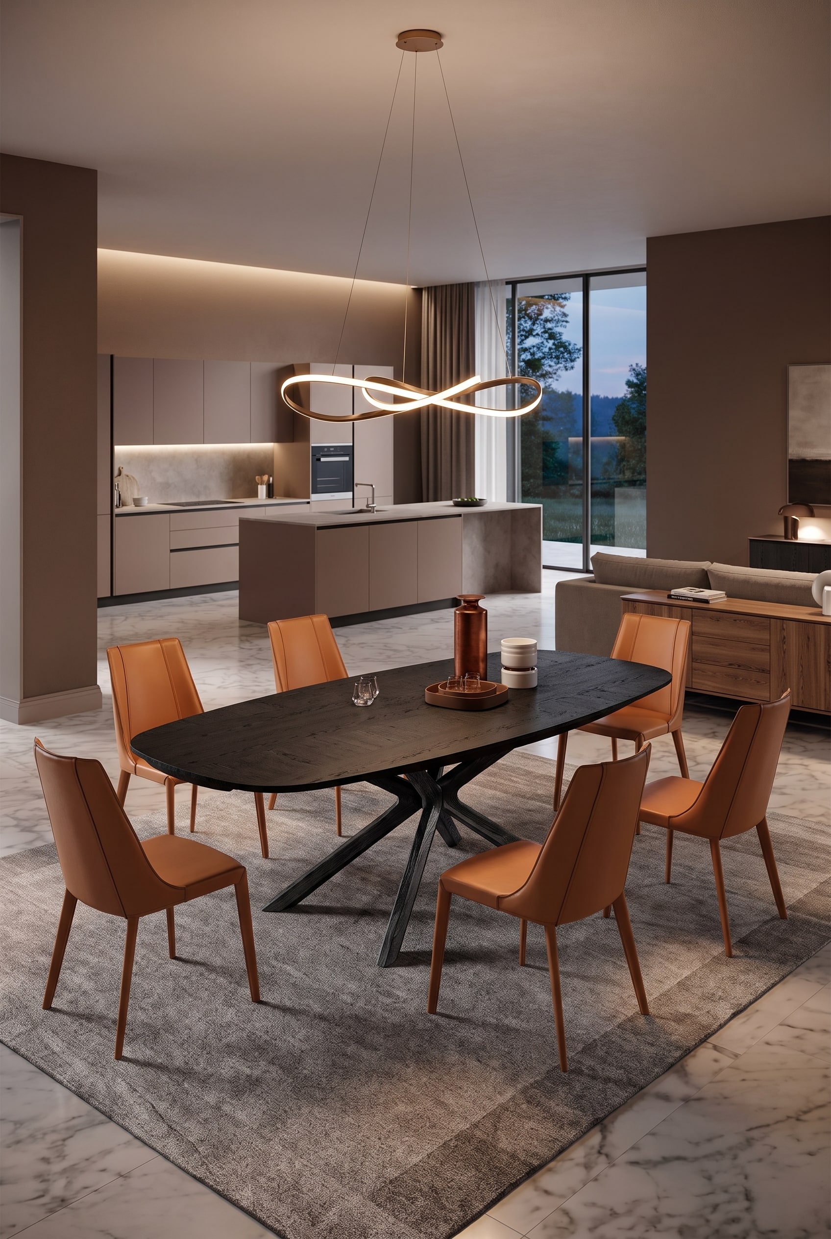 Salle &agrave; manger spacieuse avec table Ozzio Arizona Fisso, plateau en bois et pi&egrave;tement marquant devant un mur Macchiato