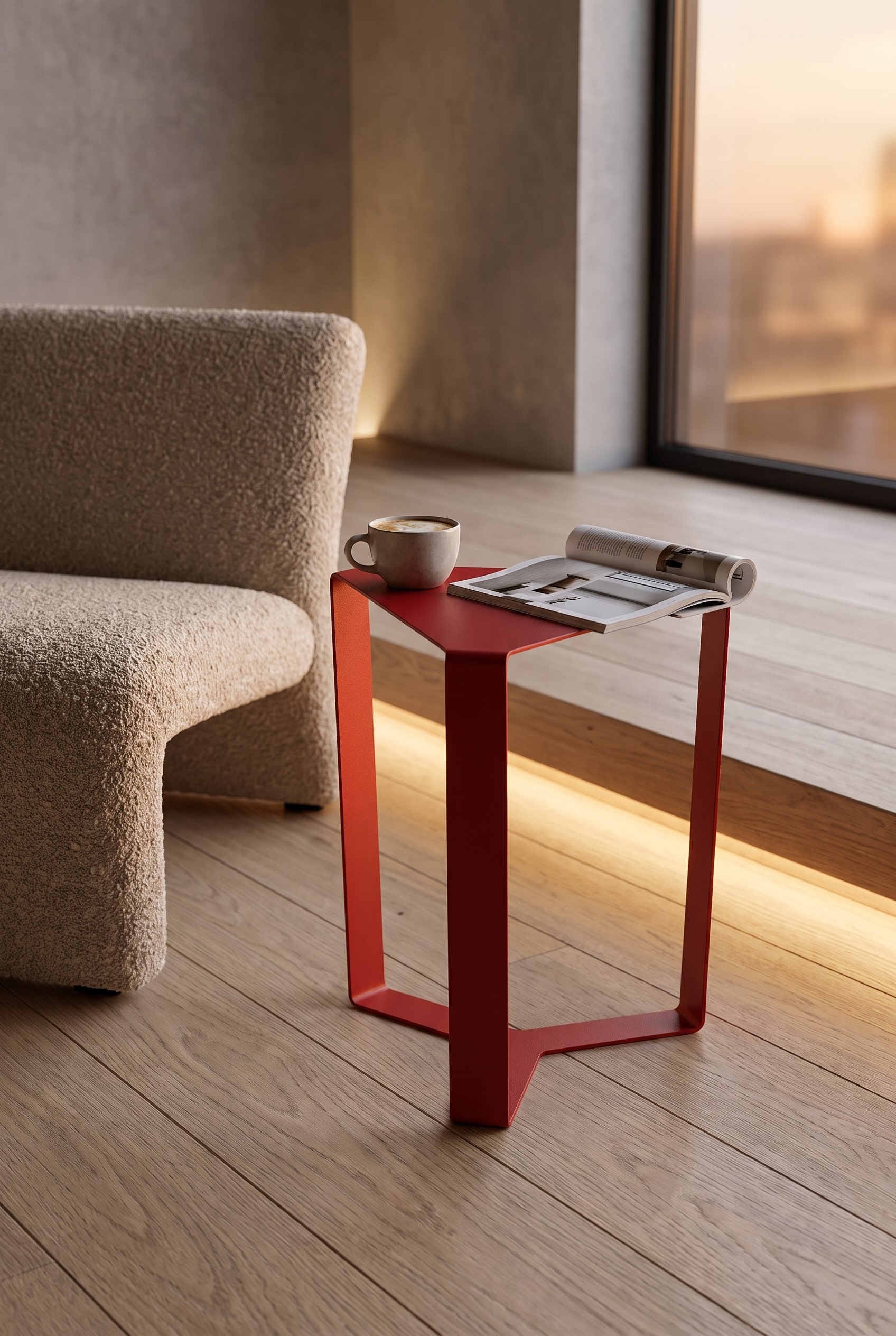 Salon puriste avec une table d'appoint en t&ocirc;le d'acier pli&eacute;e gris fonc&eacute; extr&ecirc;mement fine, plac&eacute;e sur un parquet en ch&ecirc;ne clair &agrave; c&ocirc;t&eacute; d'un fauteuil.