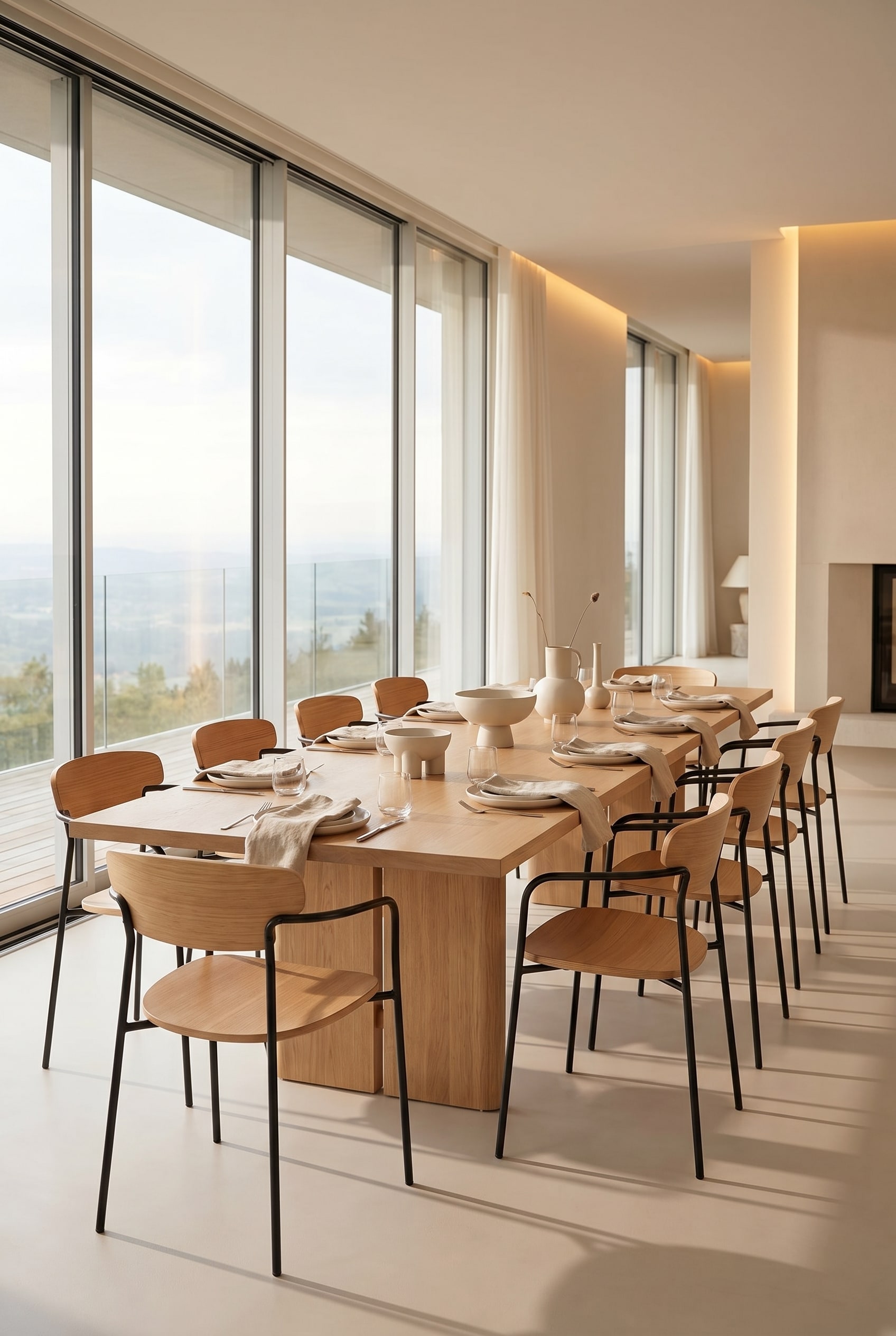 Chaise en bois minimaliste avec pi&egrave;tement en m&eacute;tal noir et dossier en ch&ecirc;ne, plac&eacute;e &agrave; une table &agrave; manger claire sous la lumi&egrave;re du soleil