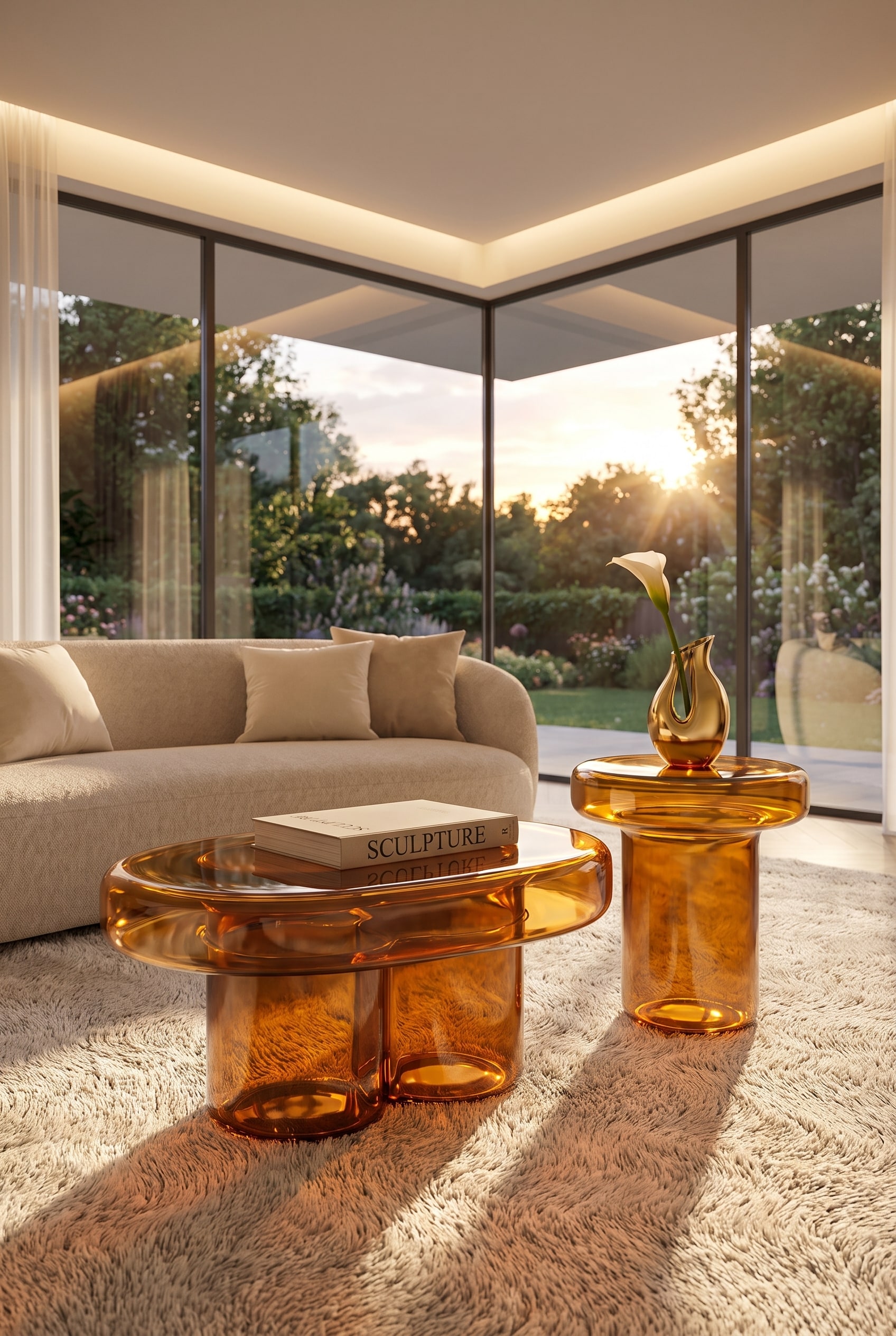 Salon lumineux avec une table basse ovale translucide en verre ambré sur un tapis à poils longs à côté d'un canapé en tissu doux